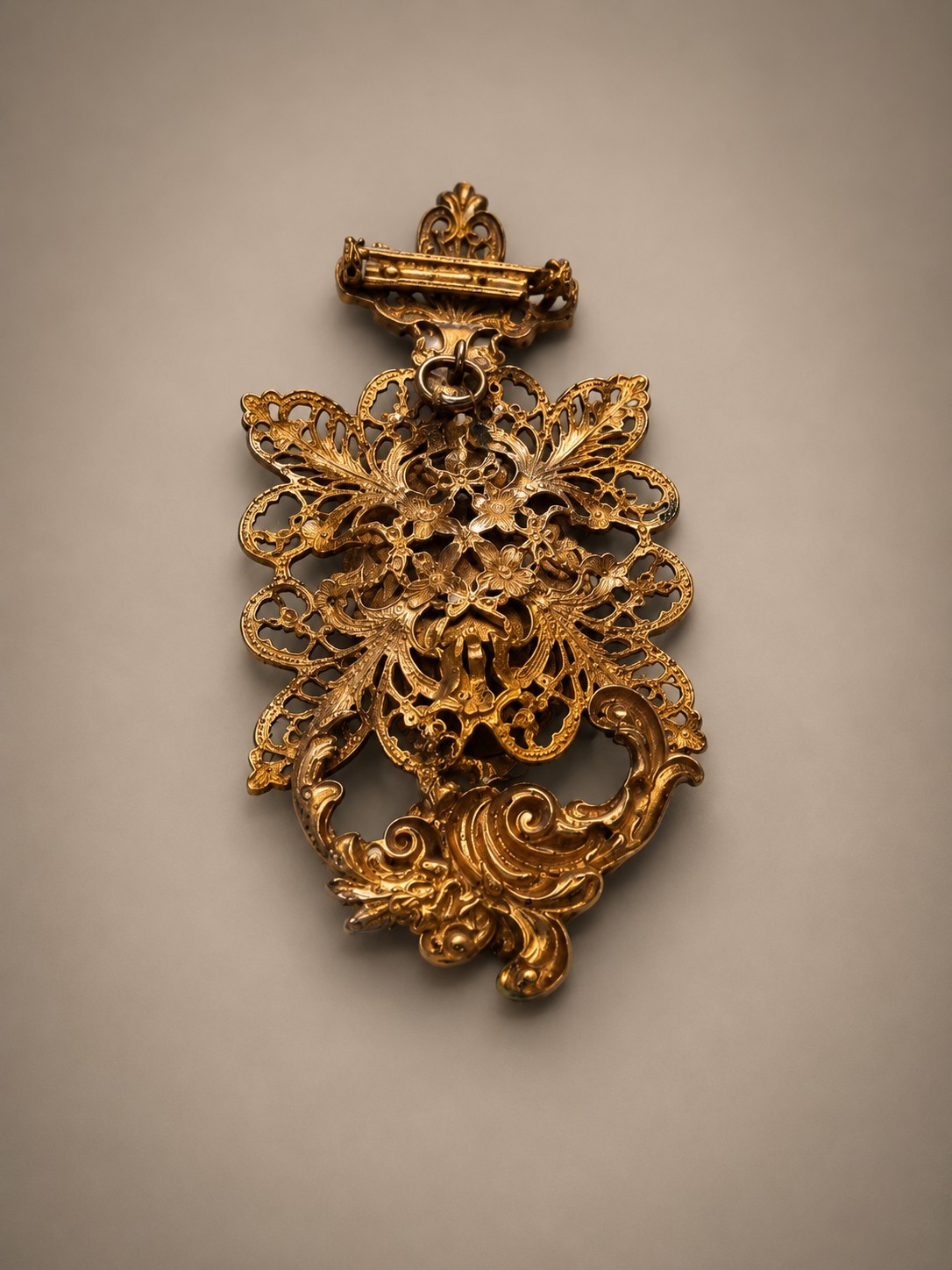 Gold Tone Filigree Brooch Pin, Oval Gray Stone, Asymmetrical Art Floral