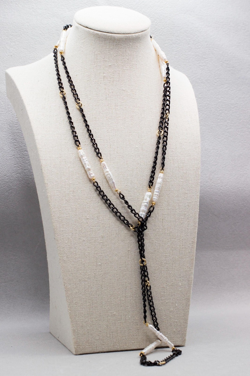 50 Inch White Biwa Pearl Black Chain Necklace Gold Plated Long Layering Jewelry