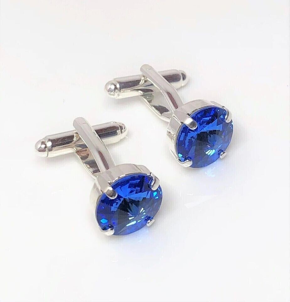 Round Cut Lab Created Blue Sapphire Men’s Cufflink 14K White Gold Plated