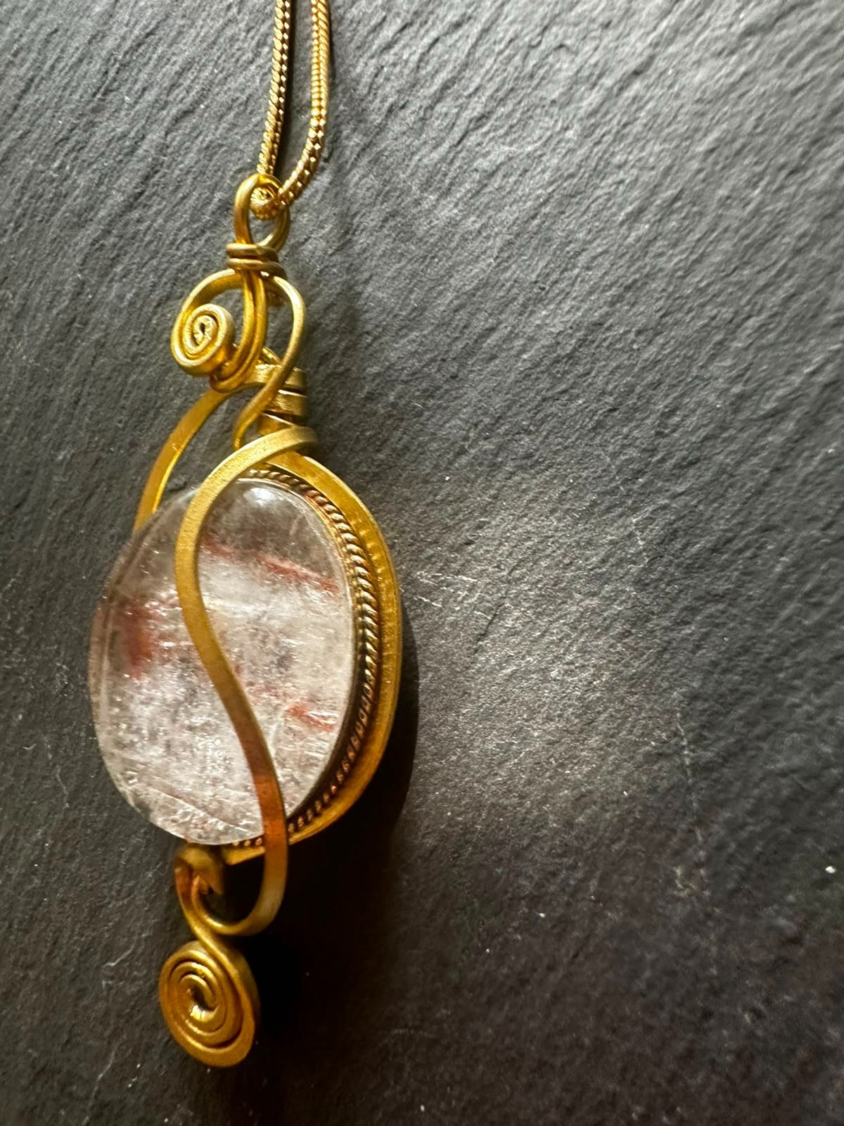 Handmade Brass Agate Necklace Natural Stone Pendant Artisan Spain 44cm 25g