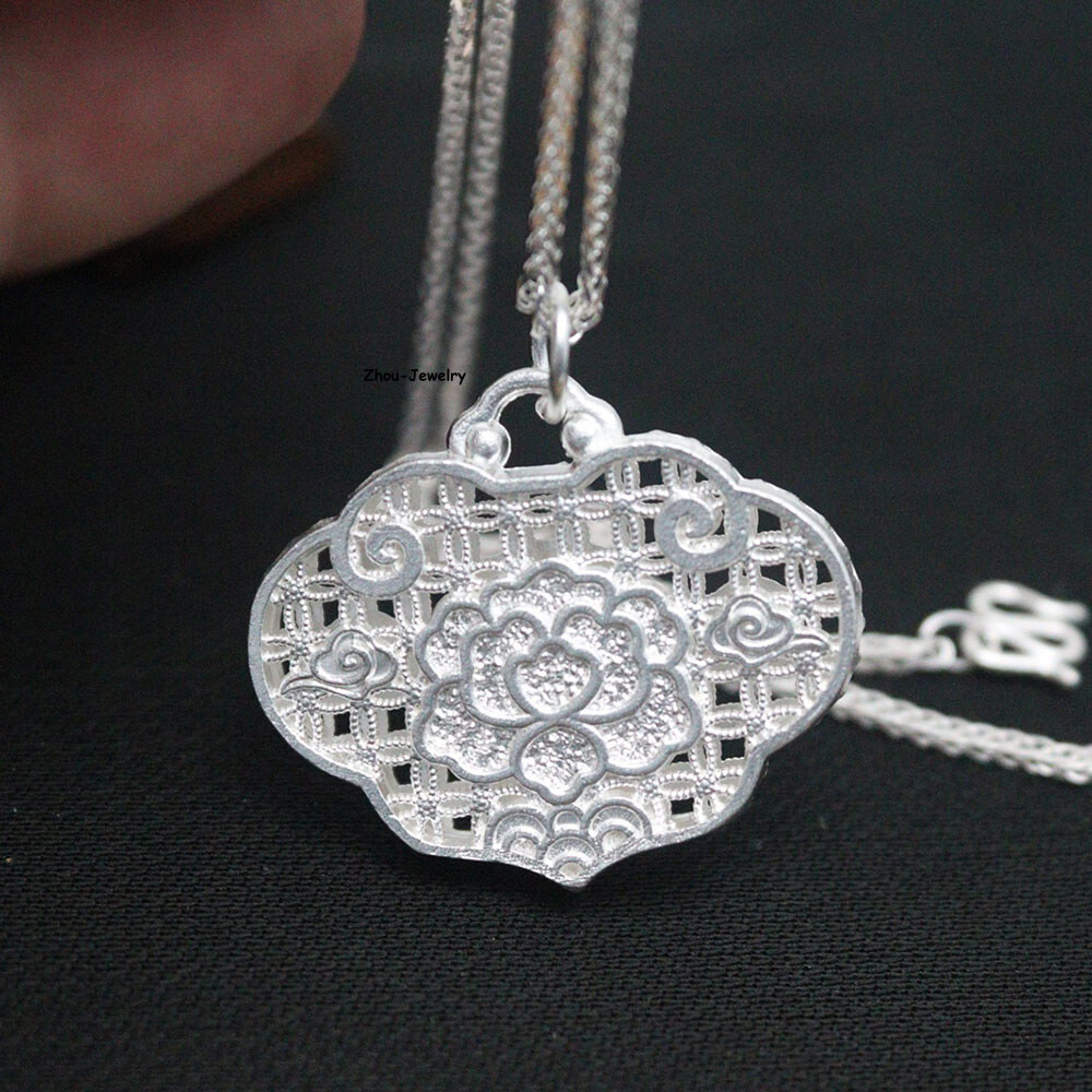 Pure S999 Sterling Silver Pendant Women Hollow Coin Fu Lock Pendant 8-9g 27*31mm