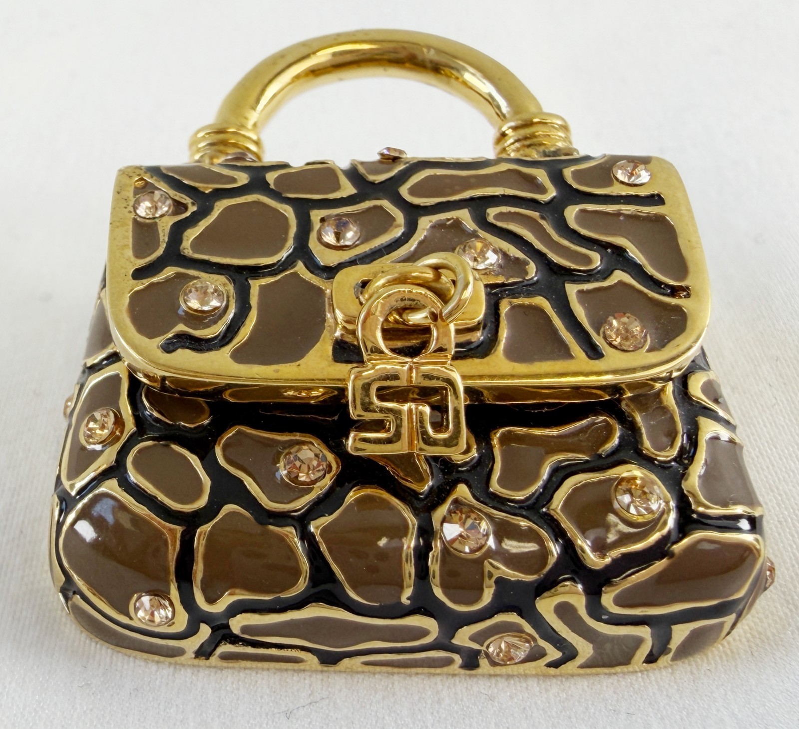 NEW ST. JOHN Handbag Brooch Brown Print Enamel Crystals 24KGP Logo Pin Enhancer