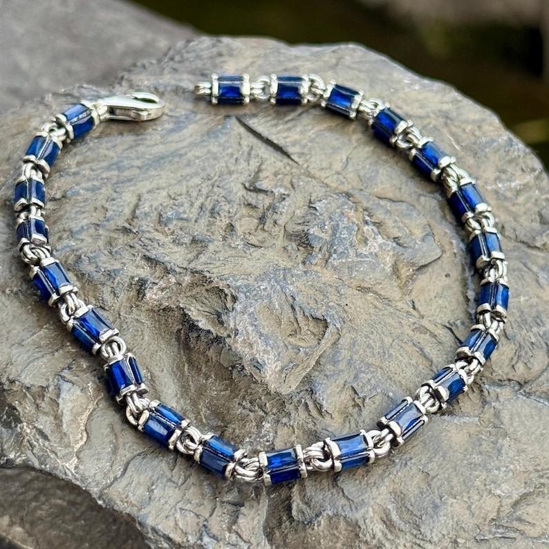 925 Sterling Silver Men Sapphire Byzantine Chain Link Bracelet