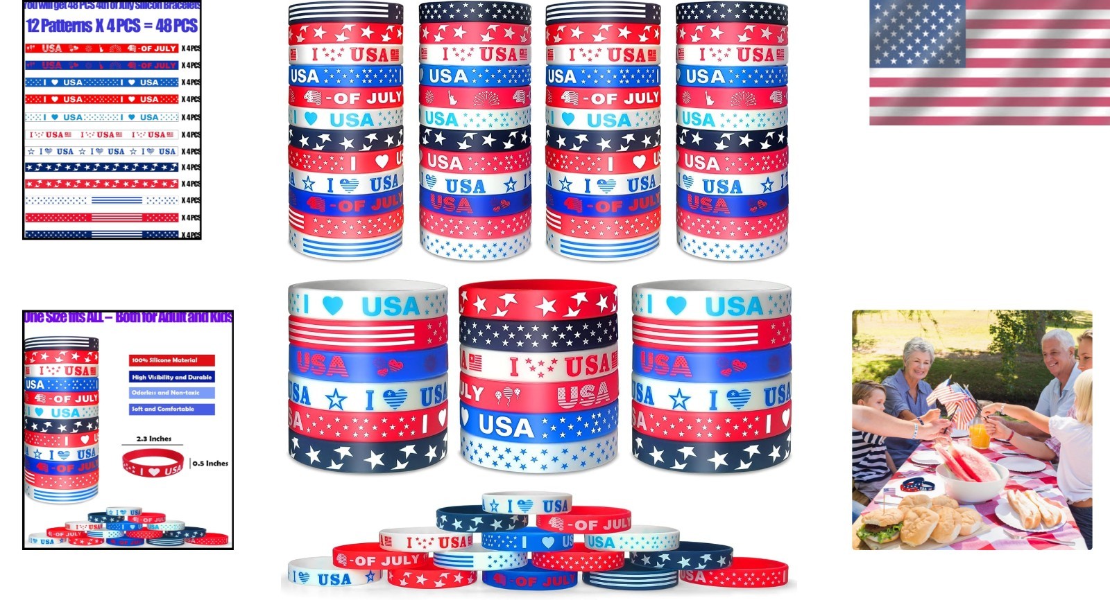 Multicolor Silicone Bracelets – 48PCS Independence Day Party Favors for All Ages