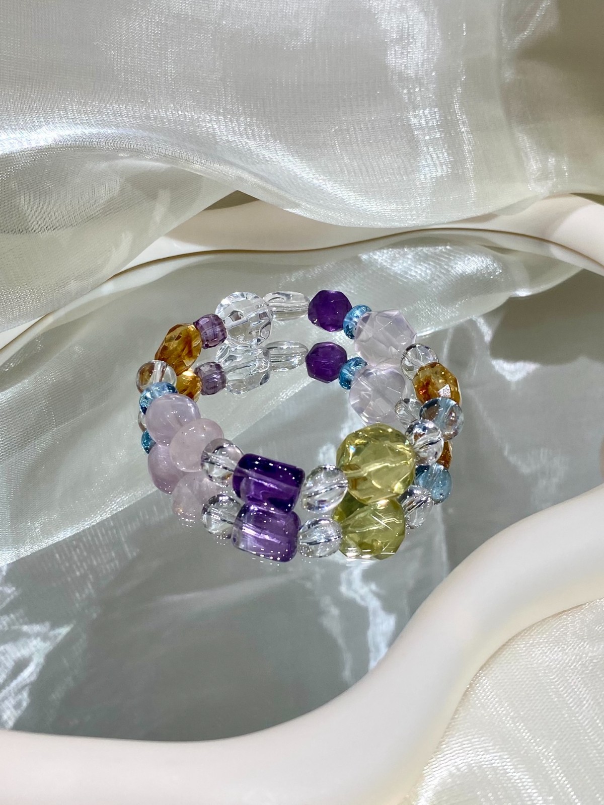 LUSA FEELA Natural Citrine Amethyst Crystal Beaded Stretch Bracelet Gift Box