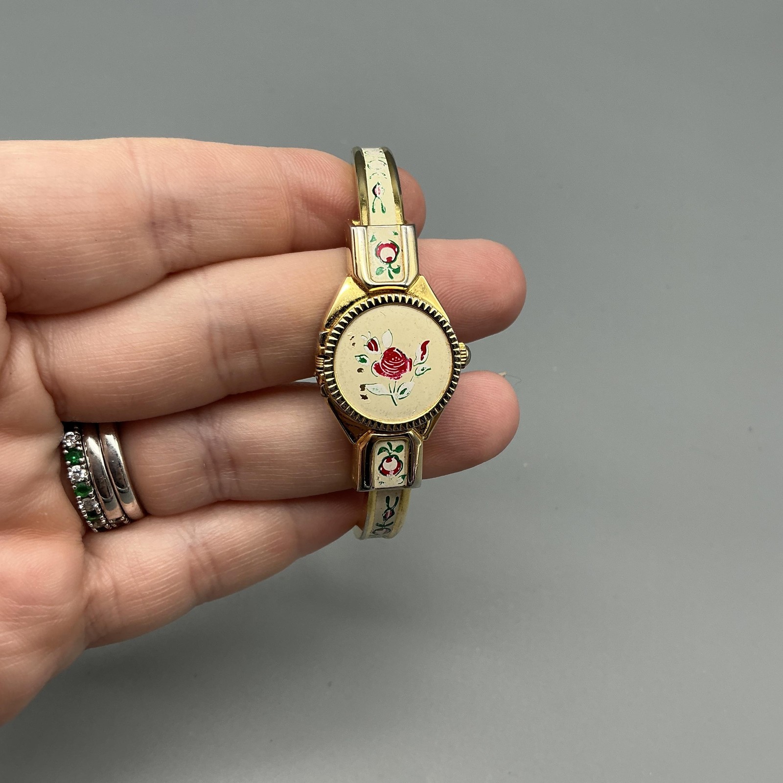 Vintage Swiss Womens Watch 14mm Gold Tone Enamel Floral Bangle New Battery