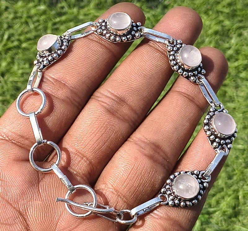Christmas Sale Rose Quartz Gemstone 1PCS Chain Bracelet Silver Plated Jewellery