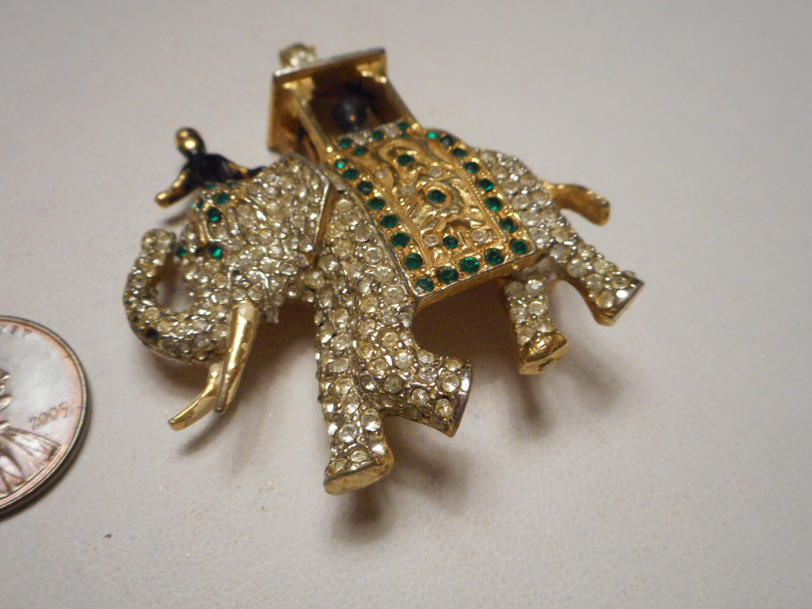 Vintage Boucher? Diamante & Emerald Rhinestone Pave Elephant w Howdah & Figures