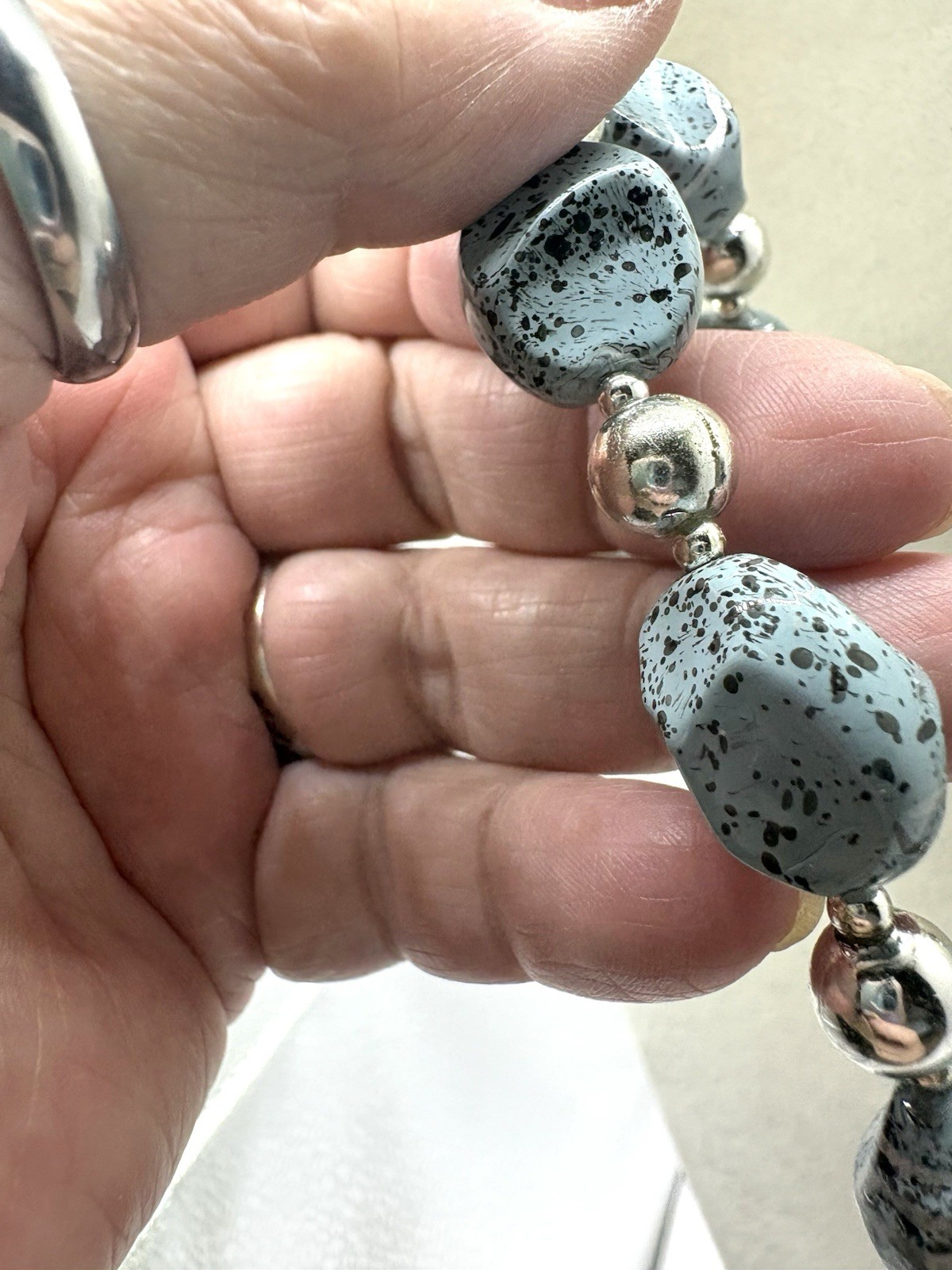 Slate Blue Speckled Pinch Beads & Silver Tone Beaded VTG Necklace