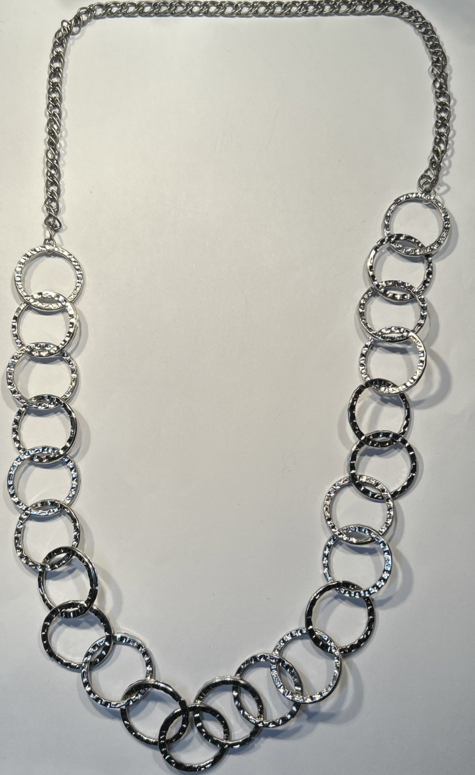 Women’s Silver Hoop Chains Necklace 28” Loops Circles Overhead No Clasp Wear NEW