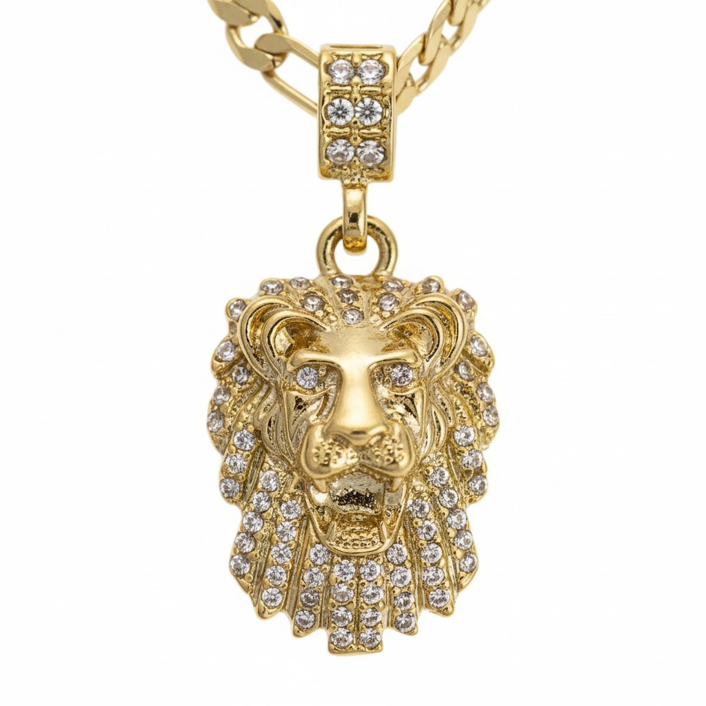 Mens Gold Tone Cz Lion Face Pendant Hip-hop 5mm 24″ Figaro Necklace