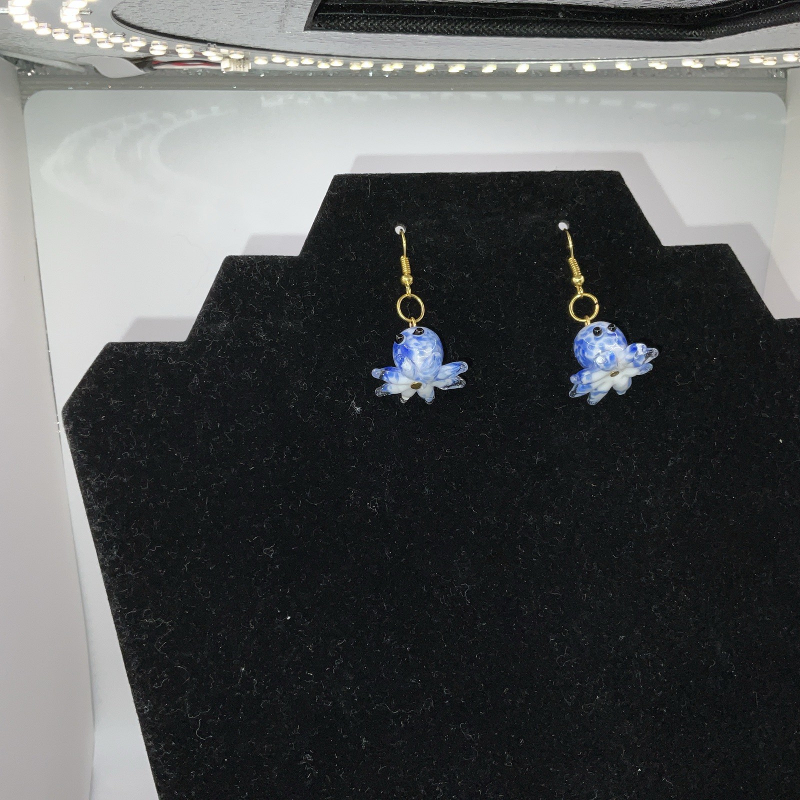Blue & White Octopus Glass Earrings W/ Backs. Homemade 14k Extra Plated Gold New