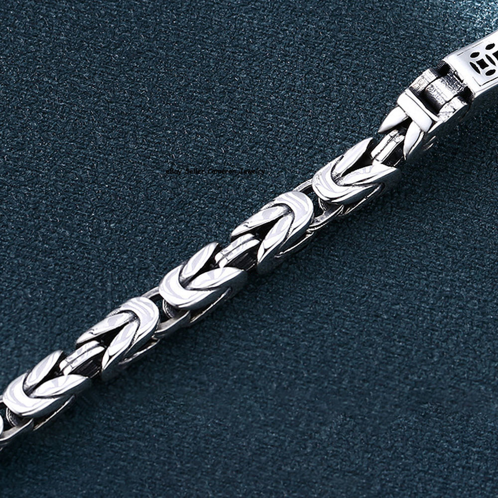 Solid S925 Sterling Silver Bracelet 4mm Byzantine ID Link Chain 7.1-7.9inch L