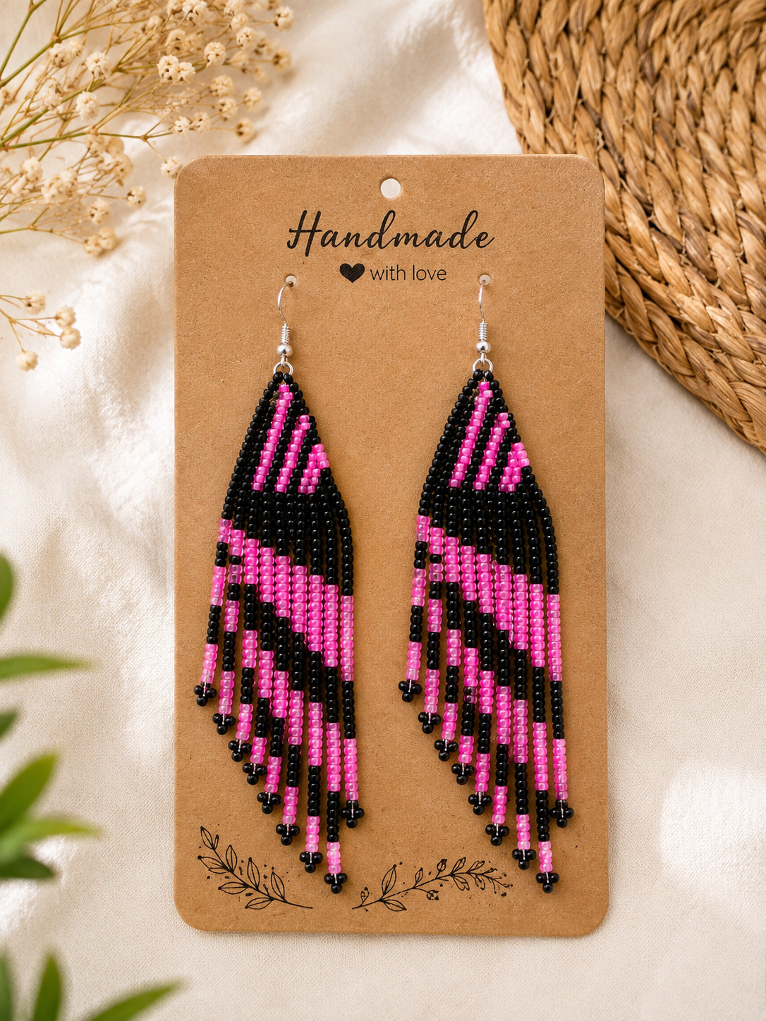 Handmade Seed Bead Fringe Earrings Long Tassel Boho Dangle Statement Jewelry.