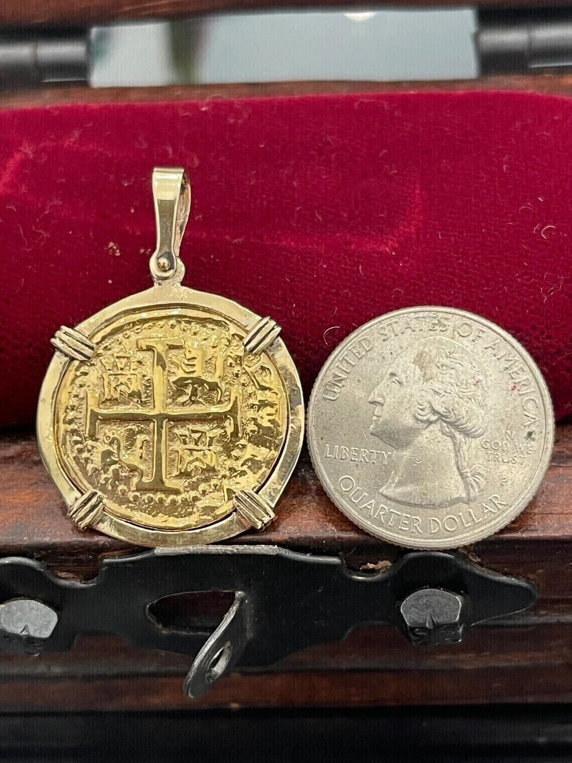 30″MM Atocha Coin Charm Pendant Without Stone 14K Yellow Gold Finish Silver