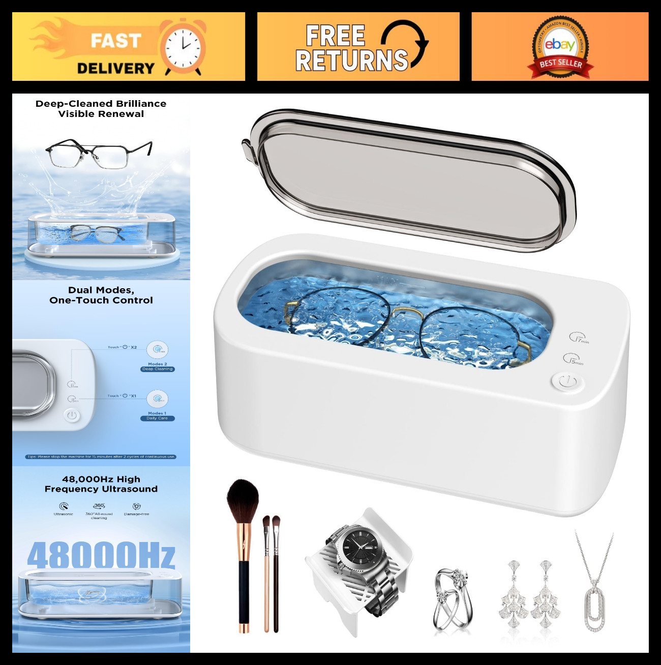 Ultrasonic Jewelry Cleaner 48KHz – Dual Mode, 350ML Stainless Steel Tank, Eyegla