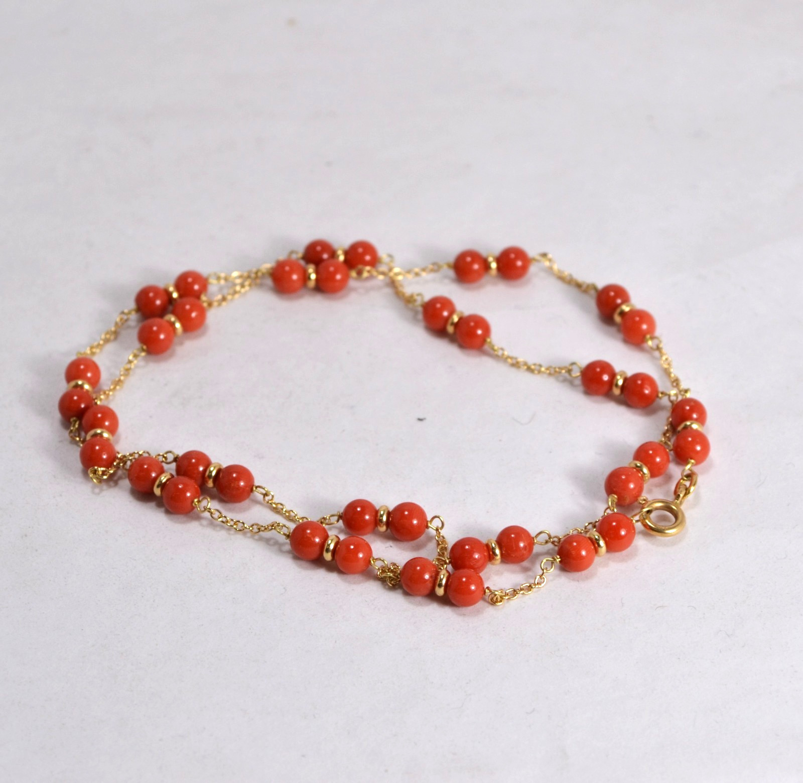 18kt GOLD NECKLACE RED CORAL BALLS FIRST CHOICE 5mm DOUBLE OGLN 0279