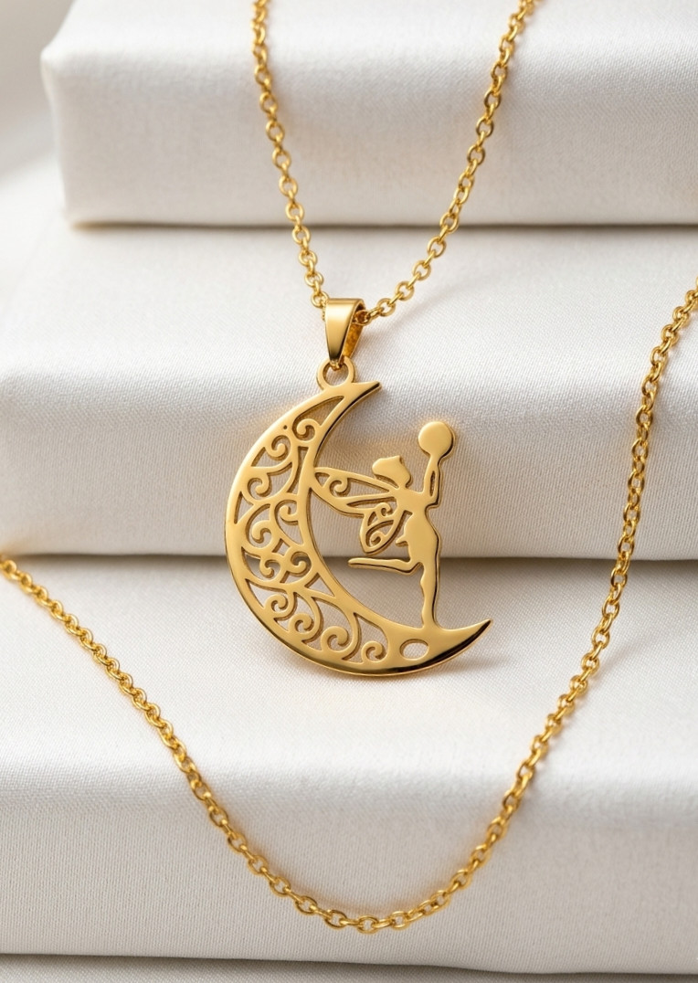 Pure Brass Gold Color Fancy Unique Moon Fairy Design Pendent Comes With Chain