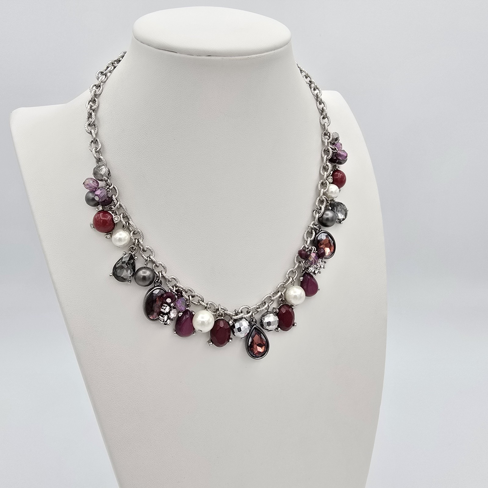 White House Black Market Red Rhinestone & Faux Pearl Necklace Purple Gray White