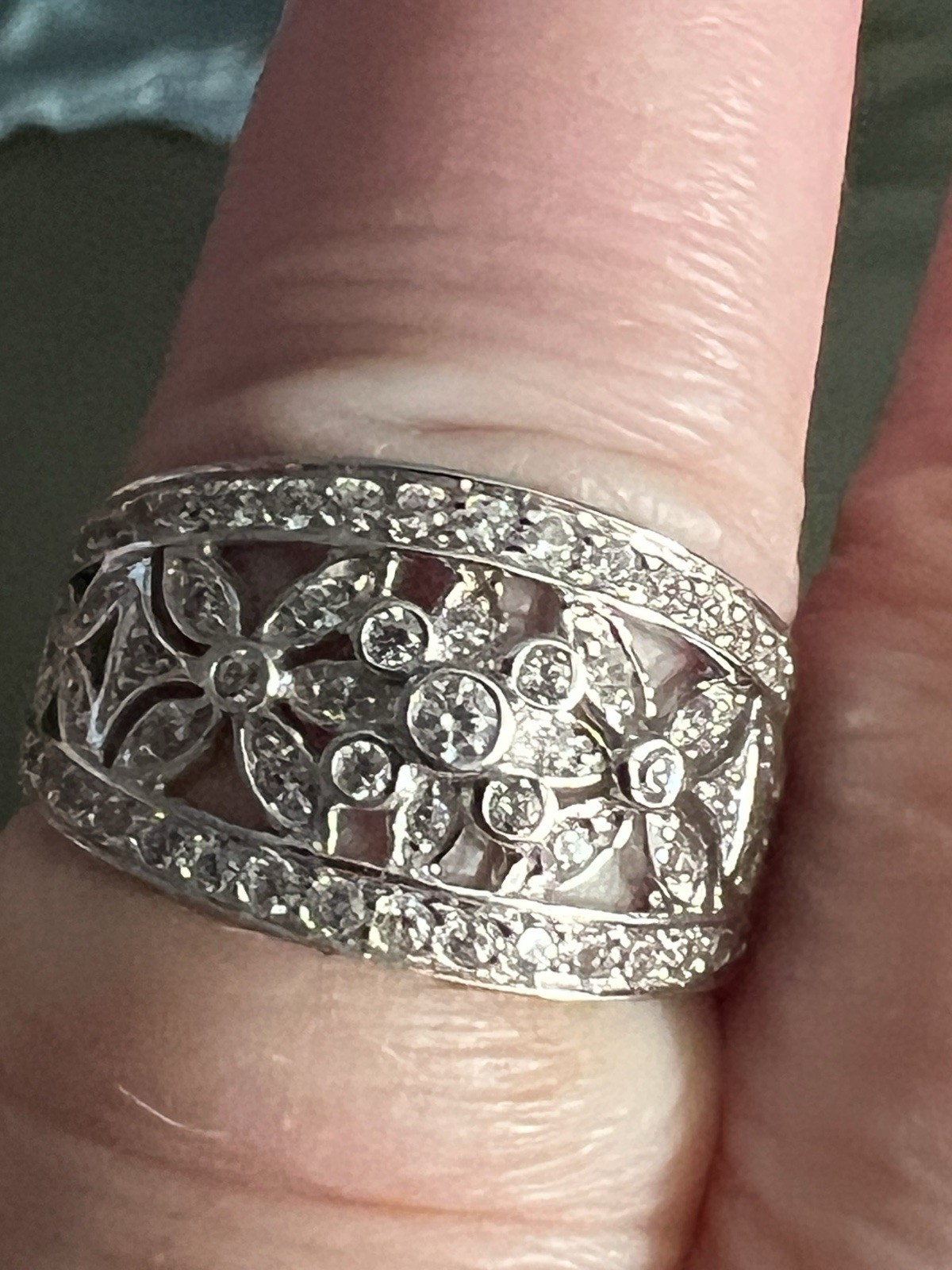 Vintage QVC Diamonique Solid White Gold Open Art Nouveau Floral CZ Ring Size 9
