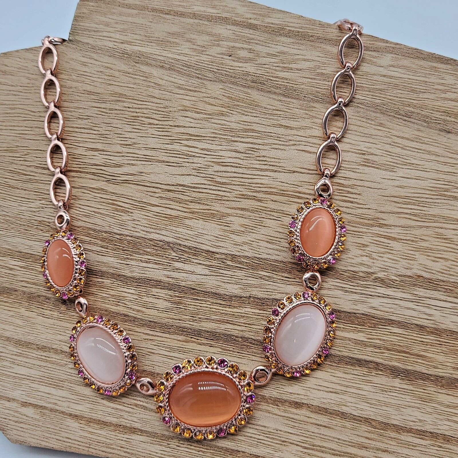 7 Charming Sisters Pink, Orange & White Moonstone, Crystal & Rose Gold Necklace