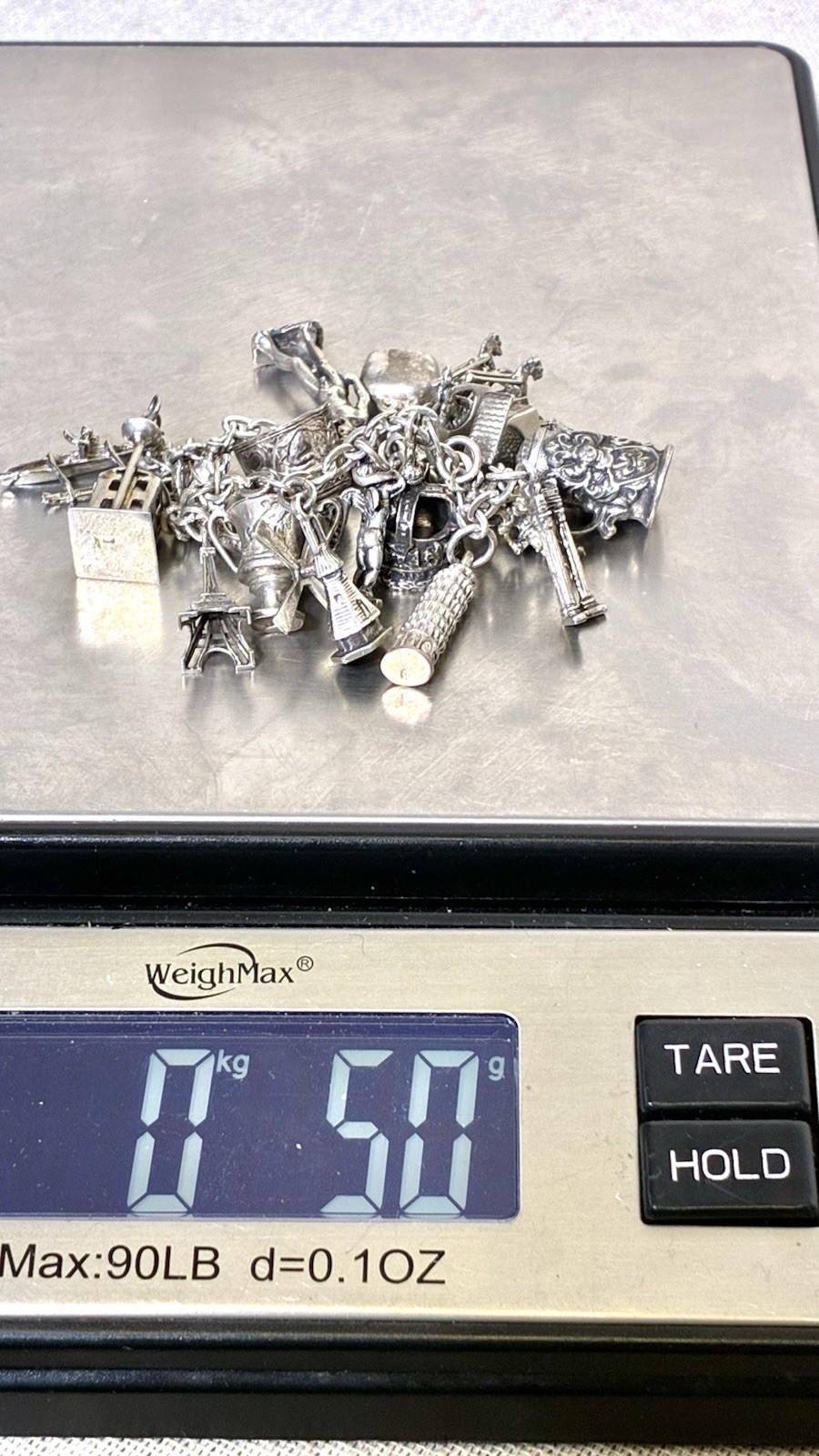 Vtg 800 Silver Charm Bracelet 900 Charms Travel Italy Europe Gondola Eiffel 50g