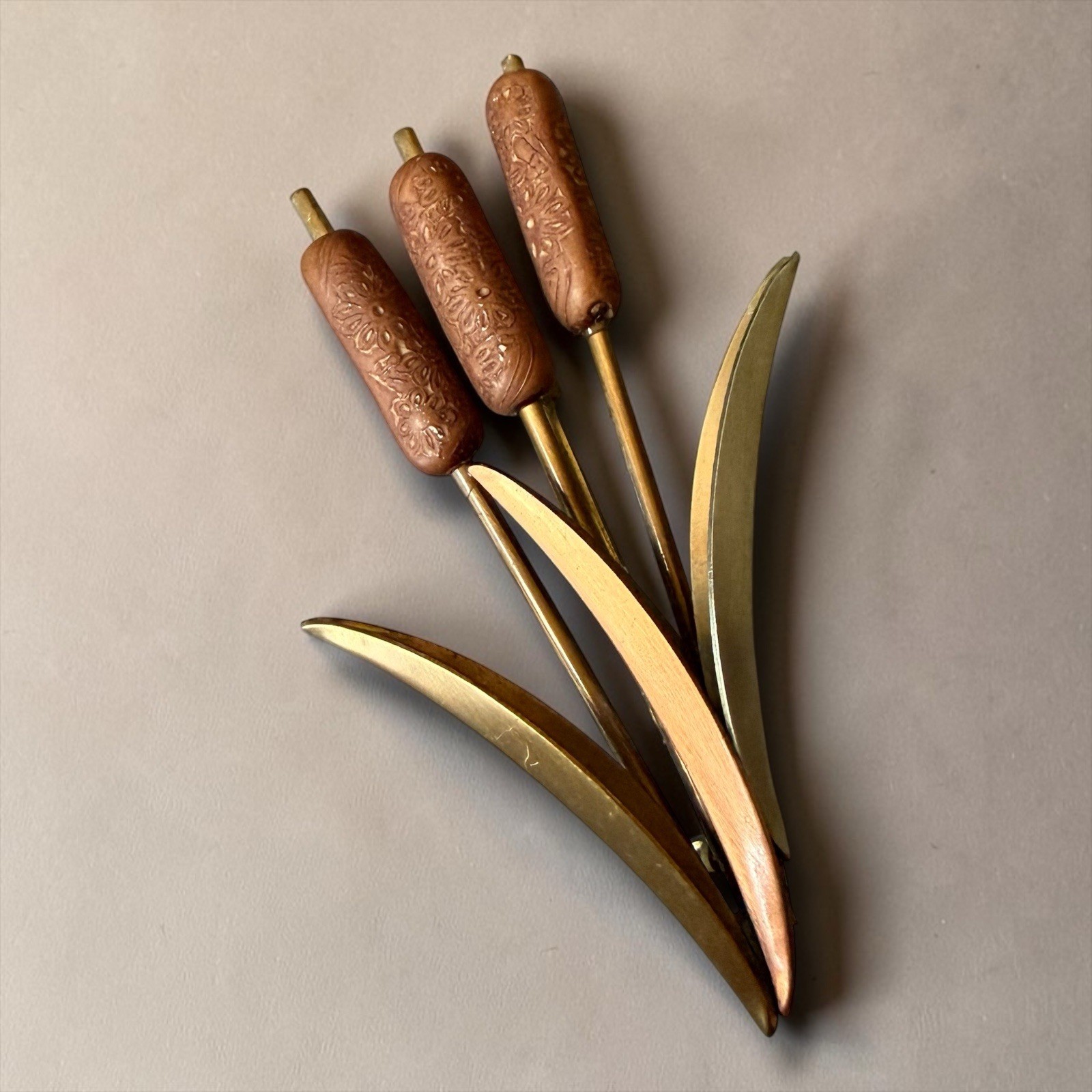 Mixed Metal Cattail Brooch Gold Copper Tone Vintage Mid Century Modern Beach