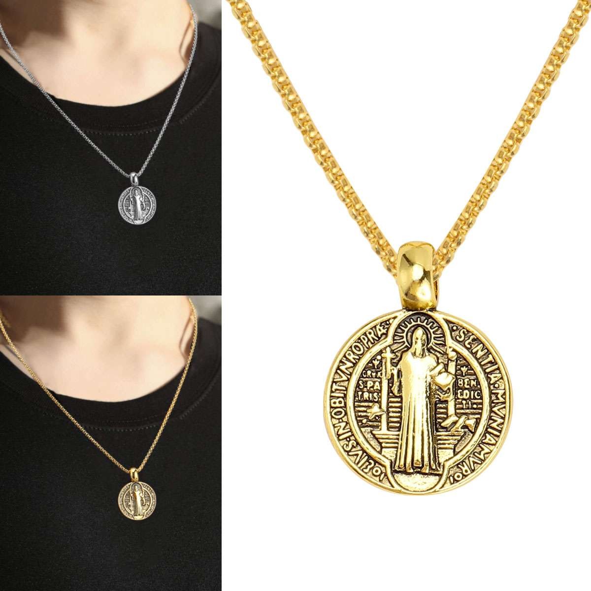 Saint St Benedict Medal Necklace Pendant Stainless Steel Crucifix Cross Exorcism