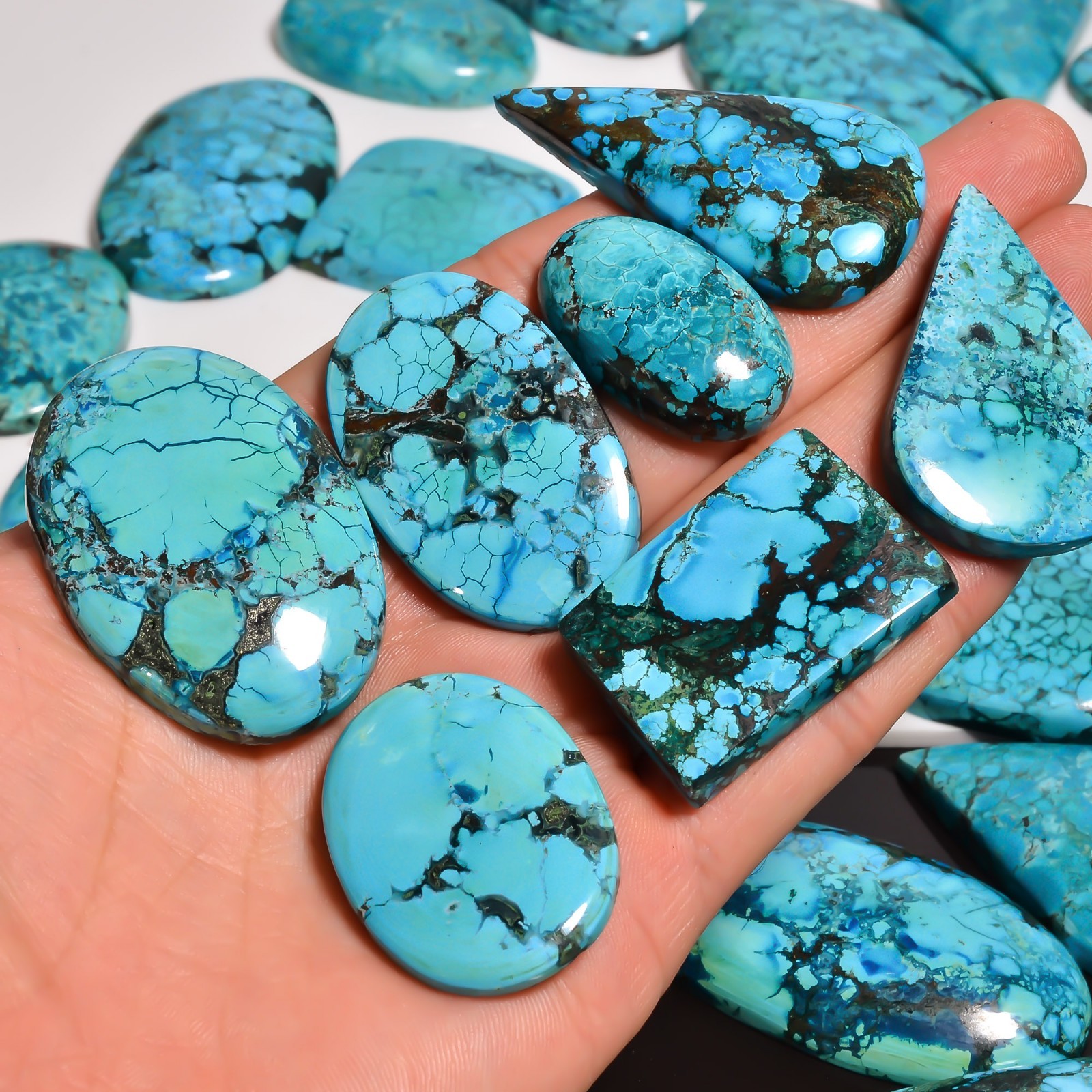 657 Cts. Natural DESIGNER TIBET TURQUOISE Pear Shape Cabochon Gemstone Lot~8Pcs~