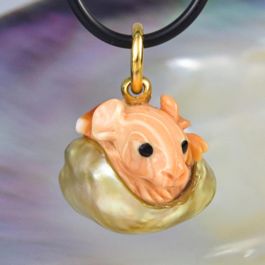 Rat in a South Sea Pearl Pendant Carved Apricot Shell Vermeil Sterling 7.71g