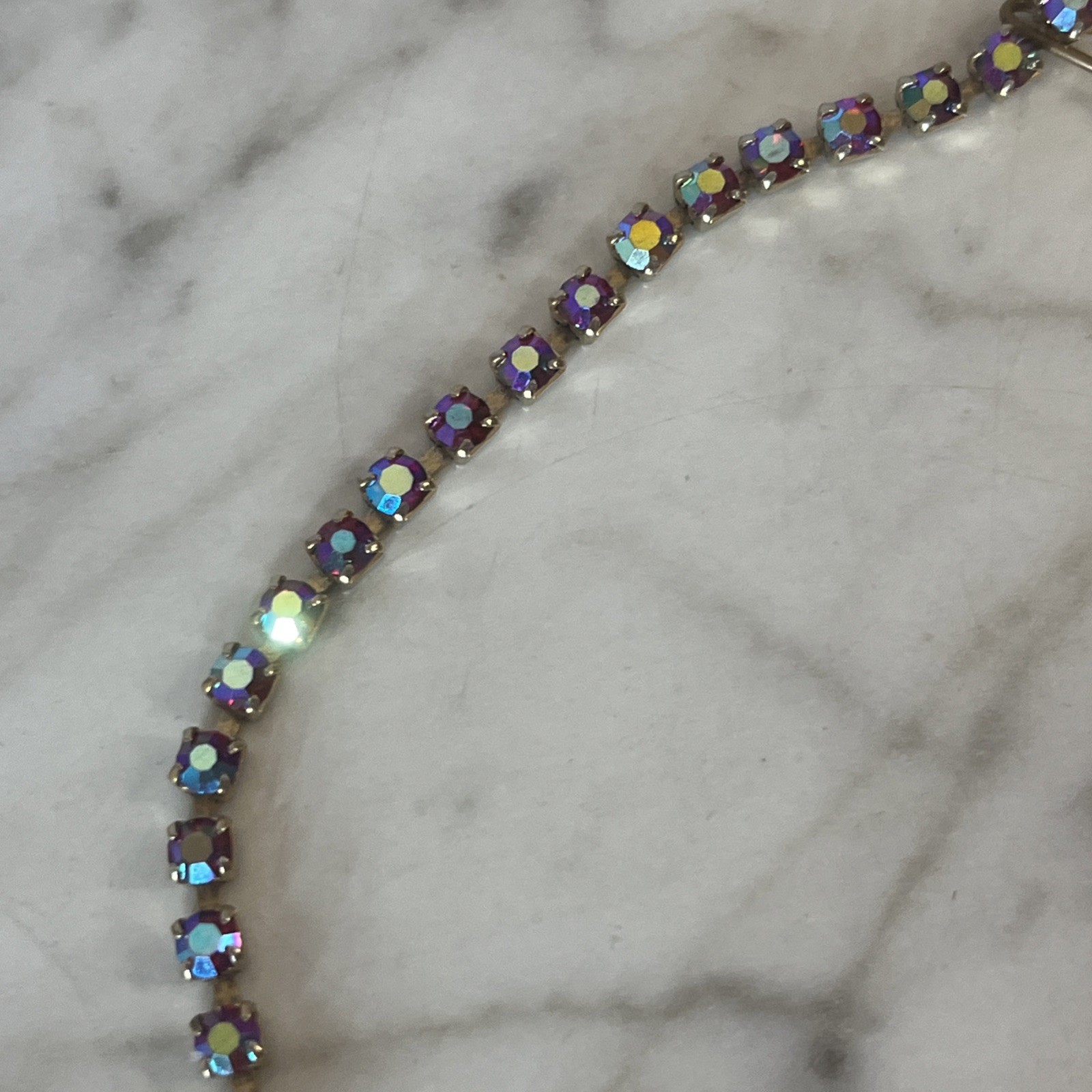 Rainbow Rhinestone Tennis Necklace Choker Iridescent Hook Clasp 15in Vintage