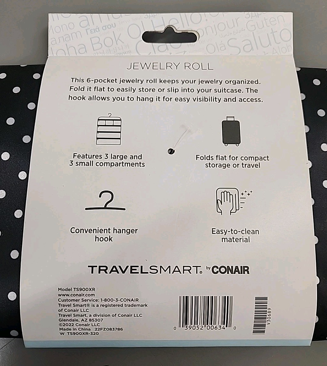CONAIR Travel Jewelry Organizer – Black Polka Dot Roll-Up Hanging Case