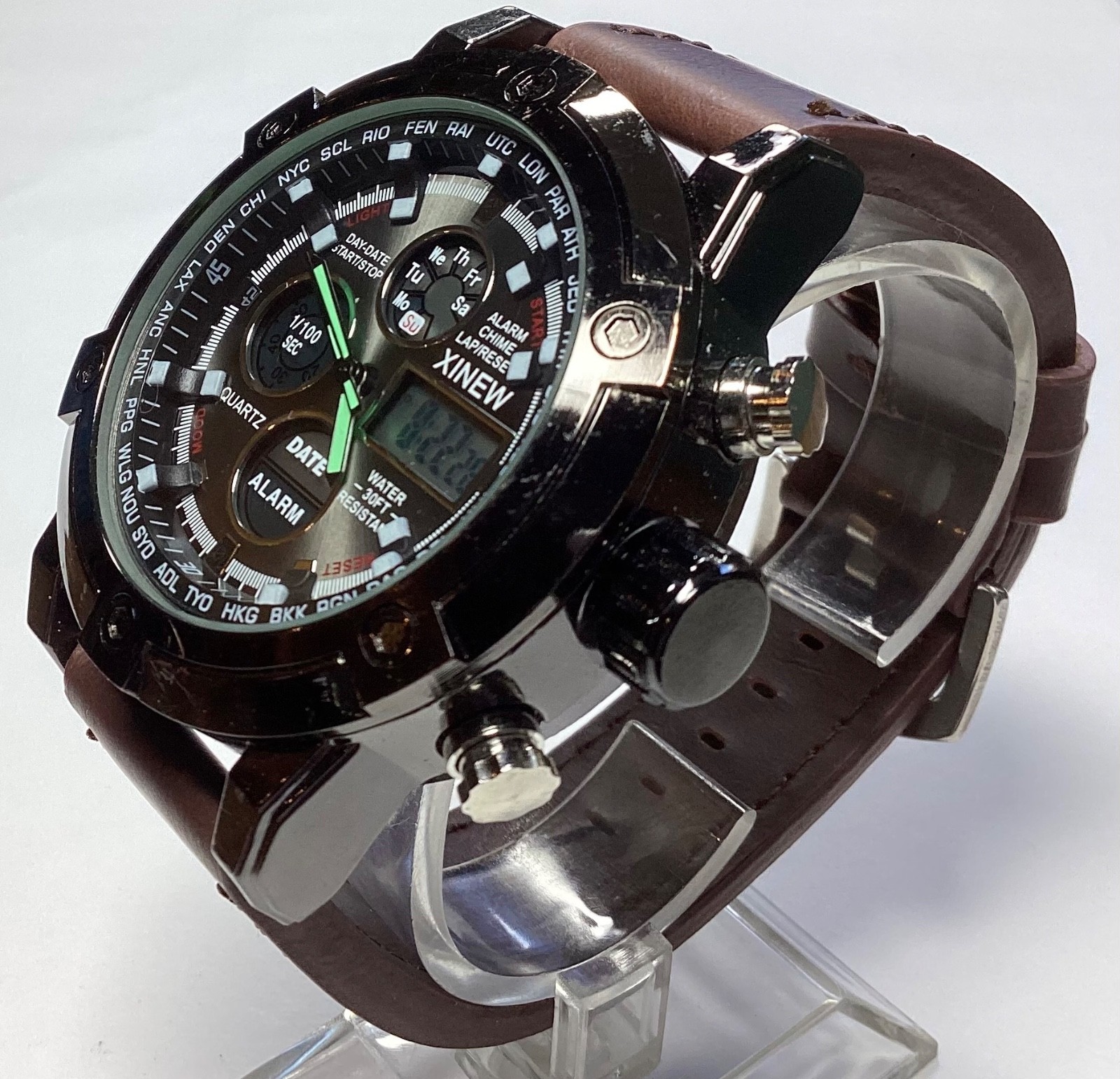 Xinew Mens Watch 50mm Analog Digital Subdials Day Date Alarm WR New Battery 8”