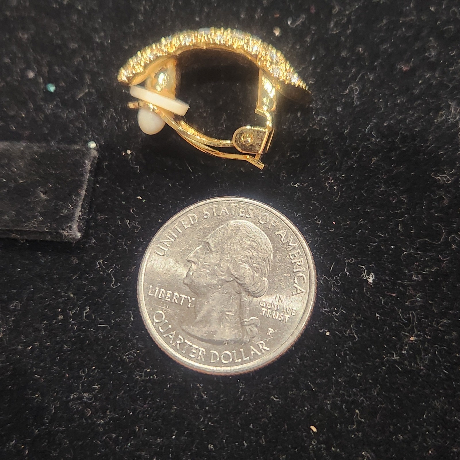 Gold Tone Pave Rhinestone Clip On Earrings Vintage Style Scalloped J Hoop