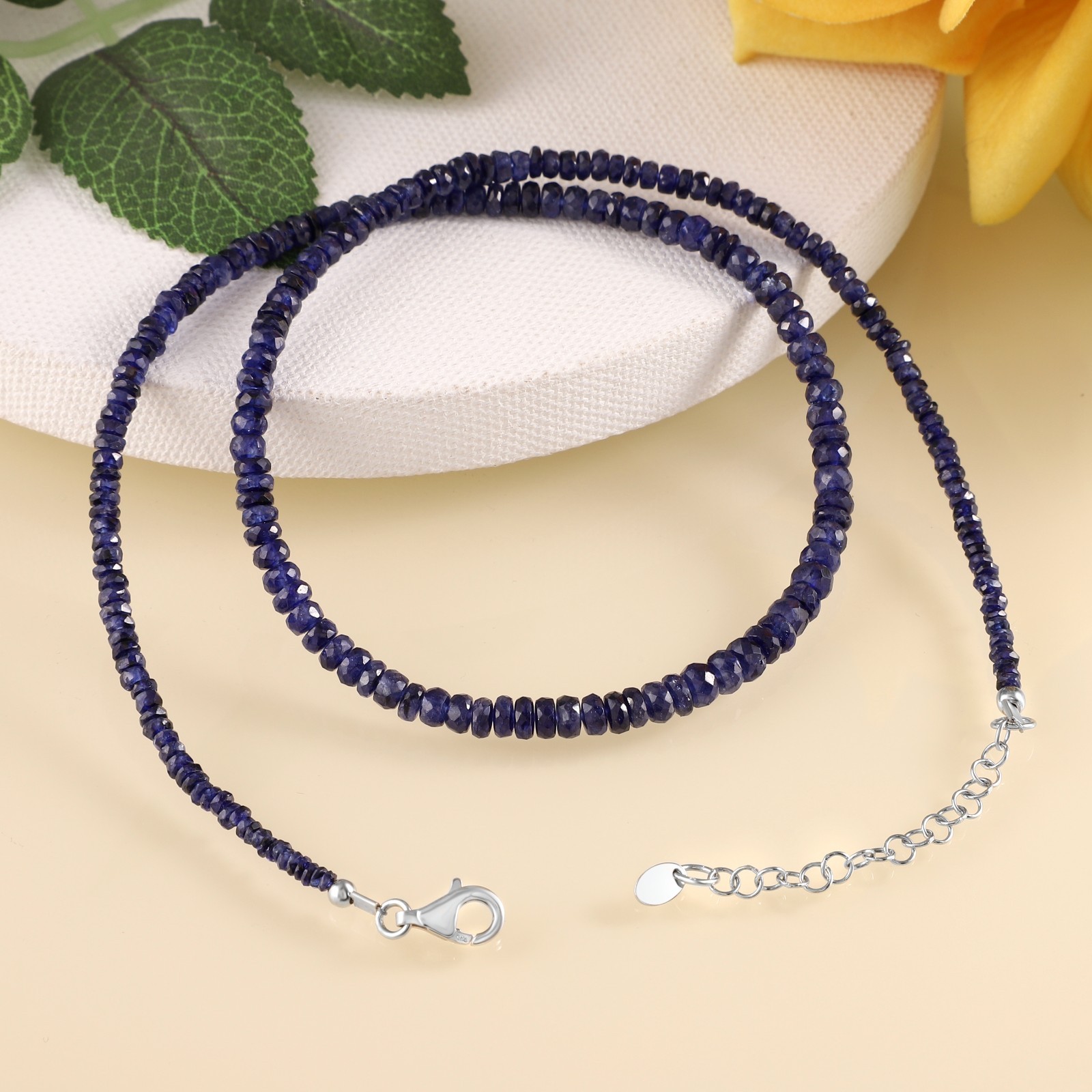 Natural Blue Sapphire Stone Beaded Necklace Faceted Roundel 925 Silver Necklace