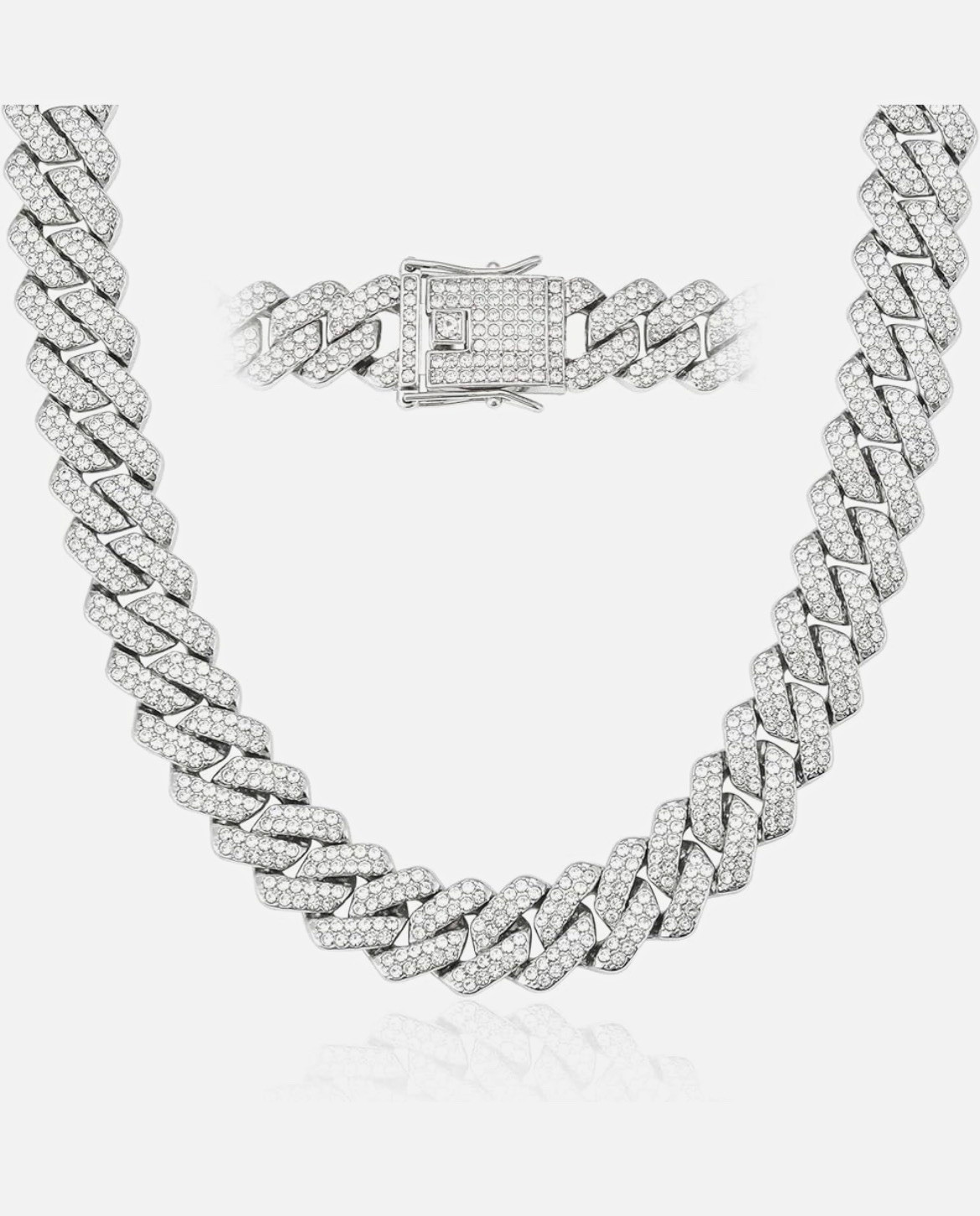 Iced Out Cuban Link Chain Necklace White Gold Plated CZ 24inch Box Clasp