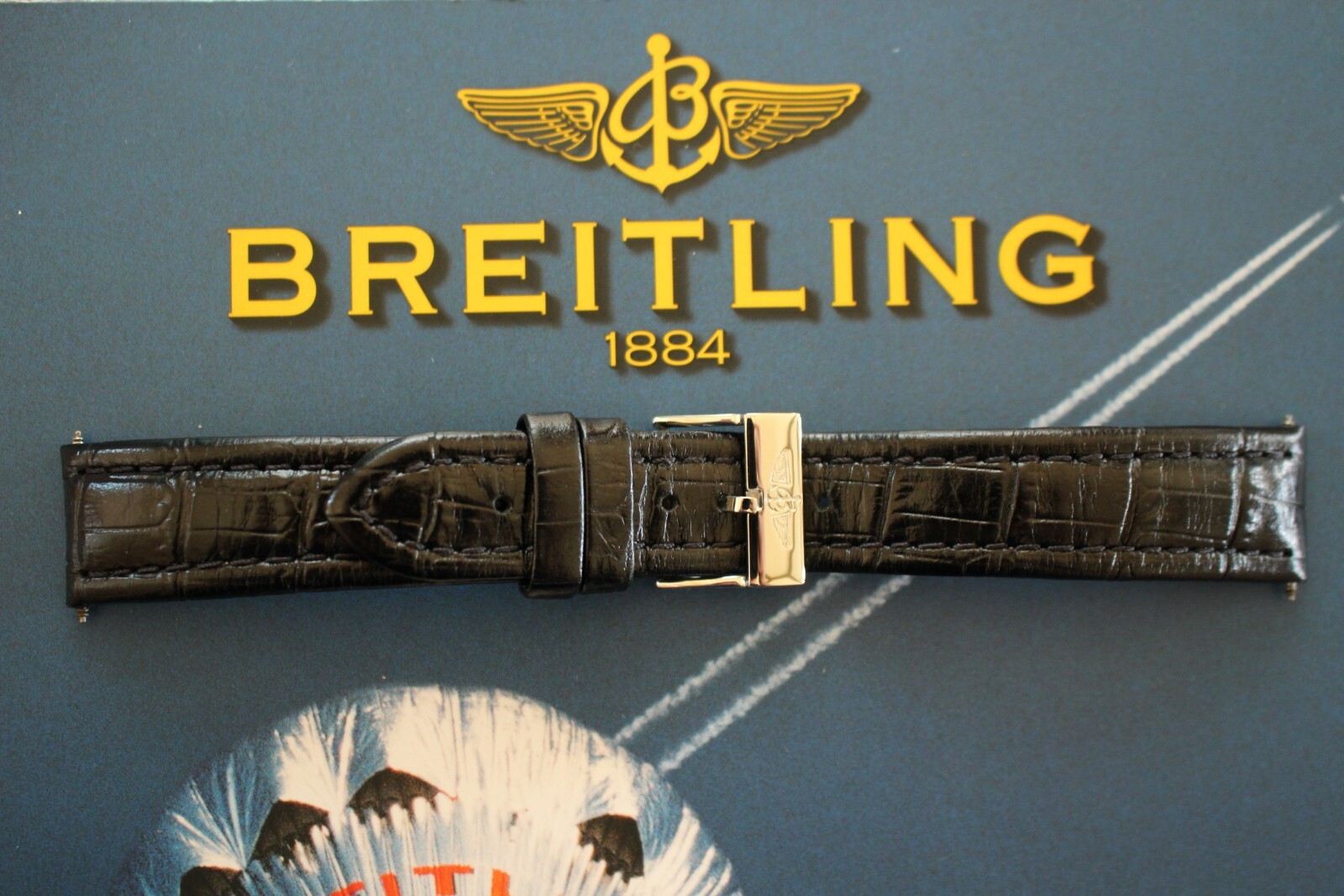 VINTAGE 20MM TONGUE BUCKLE BLACK GATOR WATCH BAND WATCHBAND STRAP FOR BREITLING