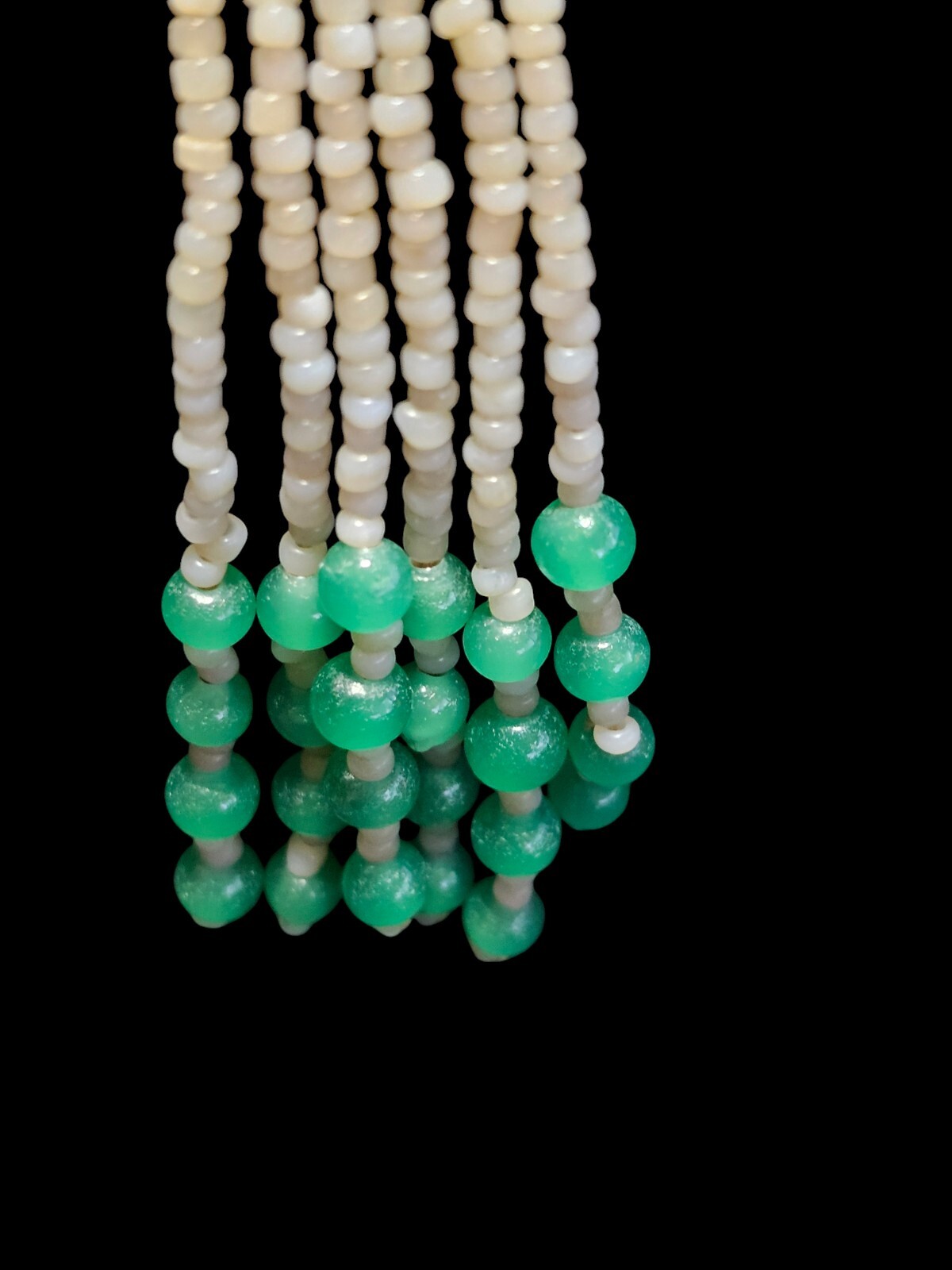 Antique 1920-30s Art Deco Sautoir Green White Uranium Glass Bead Tassel Necklace