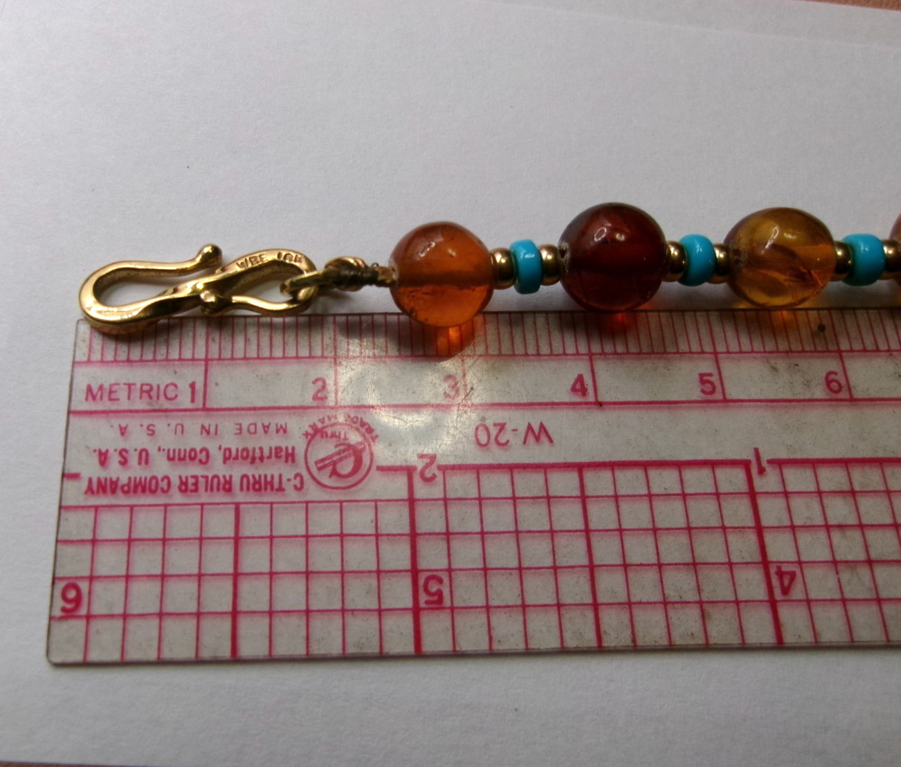 VTG WBE 18K Solid Gold S Hook Clasp on Baltic & Golden Amber Turquoise Necklace