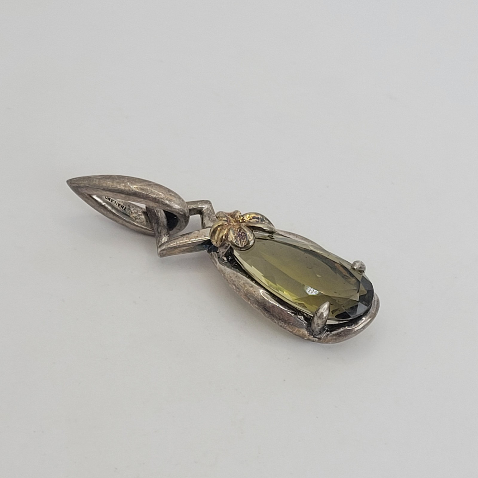 Ann King Vintage Sterling Silver 18K Gold Floral Green Quartz Teardrop Pendant