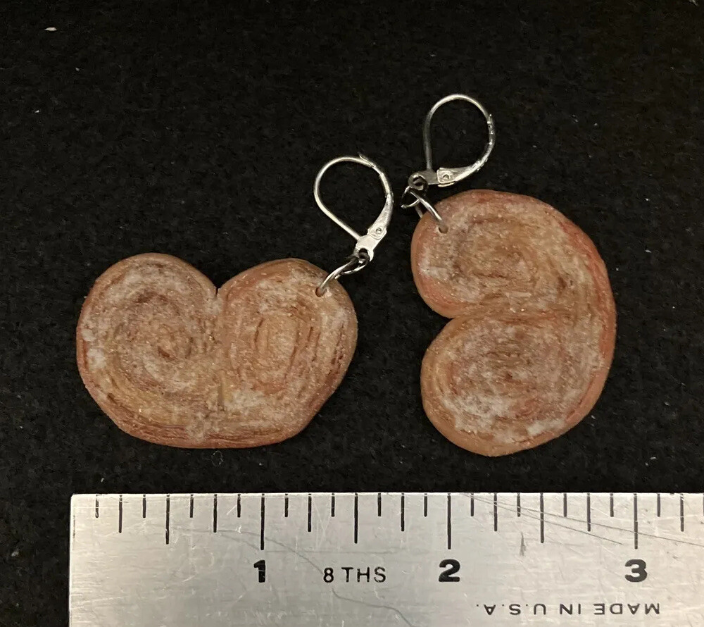 Sugar Cinnamon Palmier French Heart Pastry Earrings, 925 SS Hooks, Artisan Made
