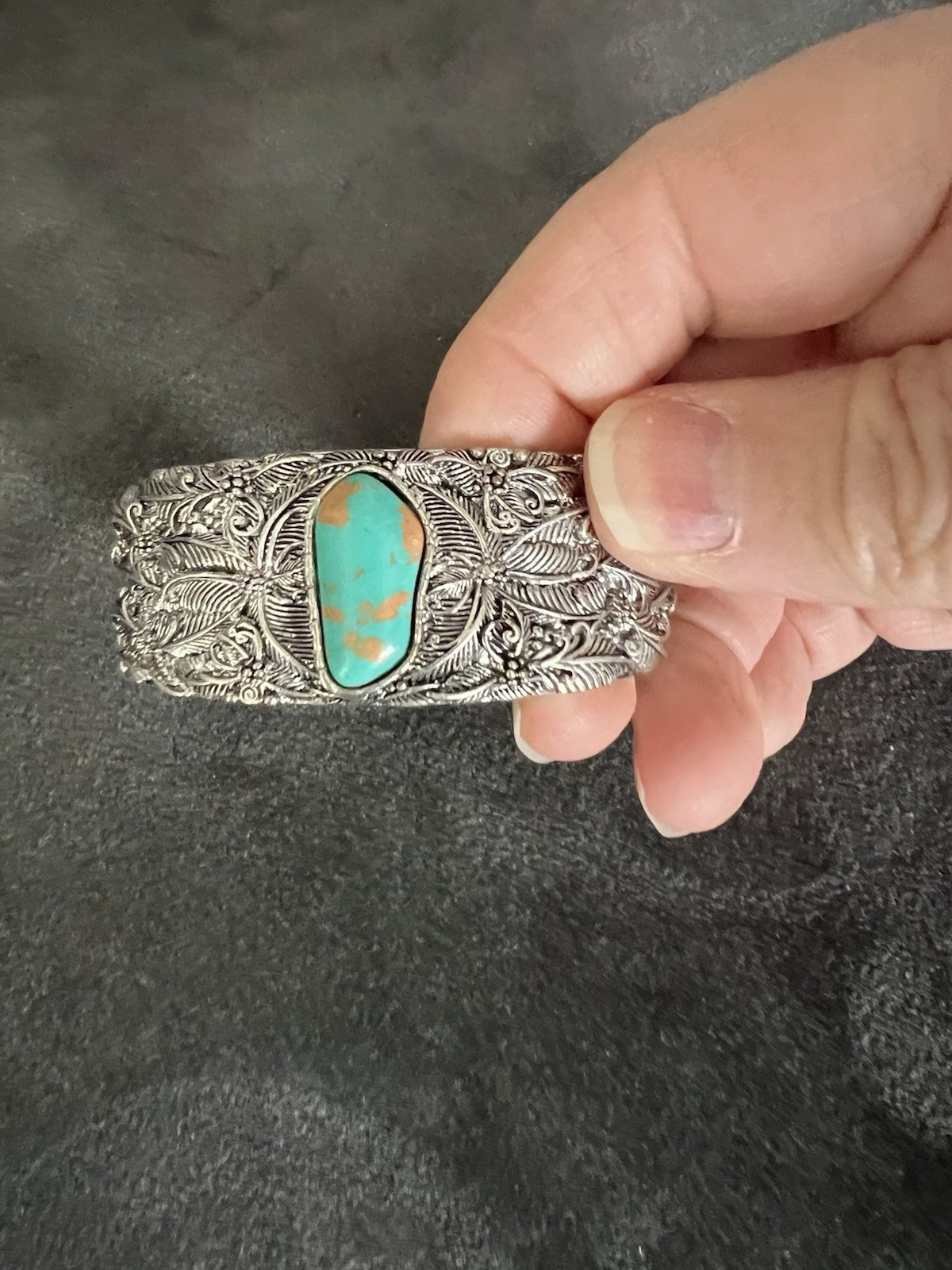 Silver Tone Cuff Bracelet Faux Turquoise Cabochon Floral Etched Costume Jewelry