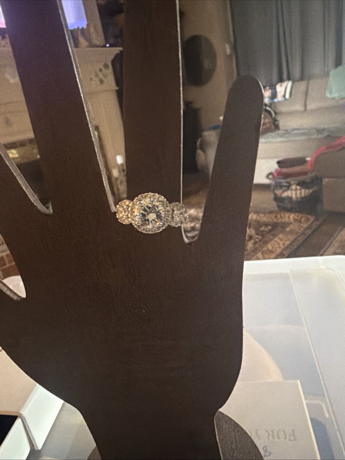 4.76Ctw Round Cut Glass Halo 3-Stone Engagement Ring White Gold Plated