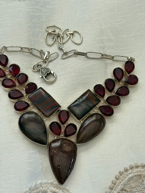 Artisan Silver Plated Multi‑Stone Teardrop Statement Necklace 13.5–17″