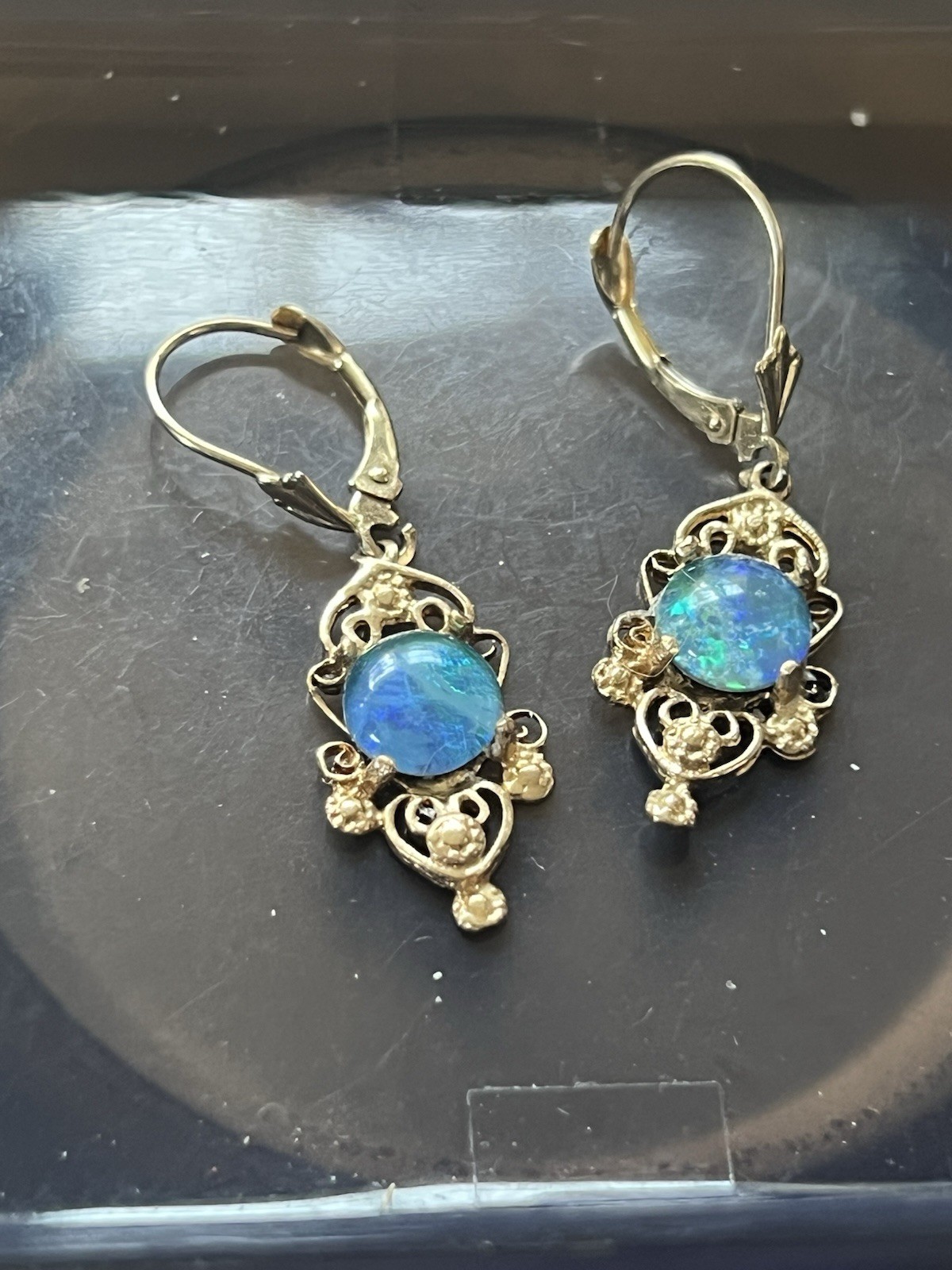 Vintage 14K Yellow Gold Black Opal Dangly Earrings 3.0 g. Very Good Cond B/O