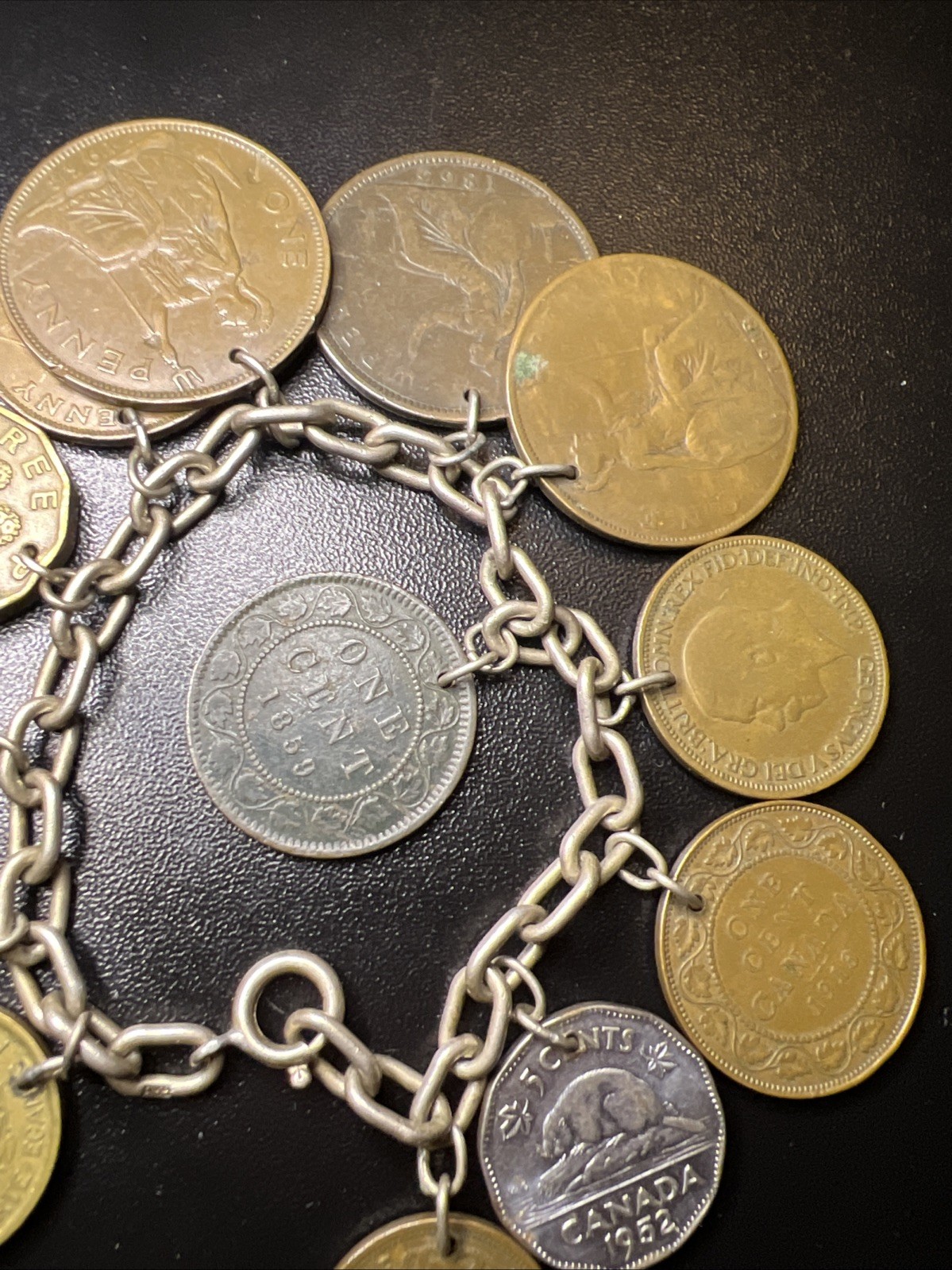 Vintage 835 Continental Silver Coin Charm Bracelet Travel World Coins European