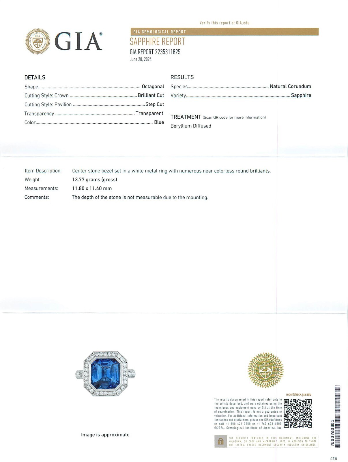 Platinum EC Sapphire & Halo Diamond Ring GIA Beryllium Diffused Sz 9.5 B9283