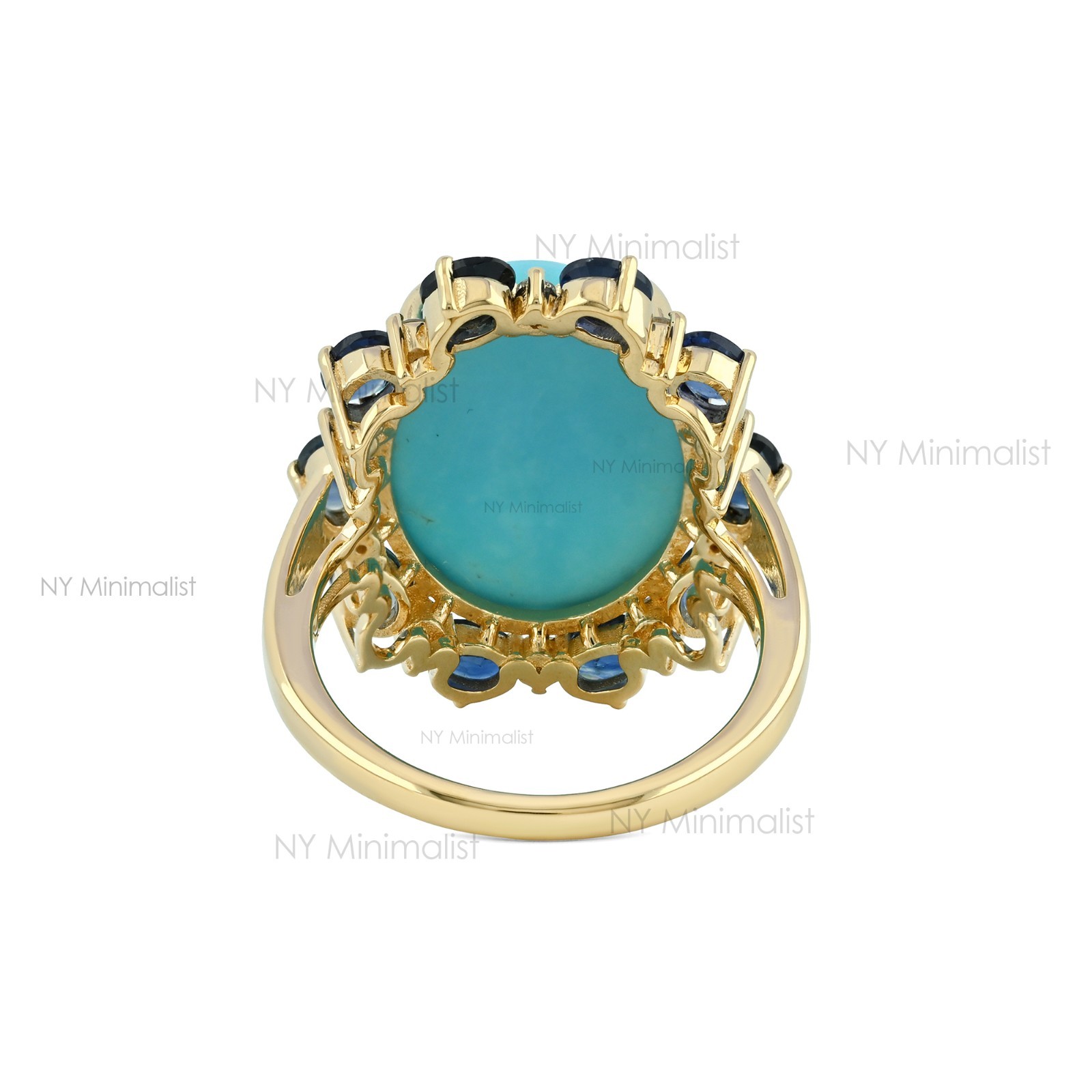 14K Solid Gold Genuine Oval Turquoise Blue Sapphire and Diamond Engagement Ring