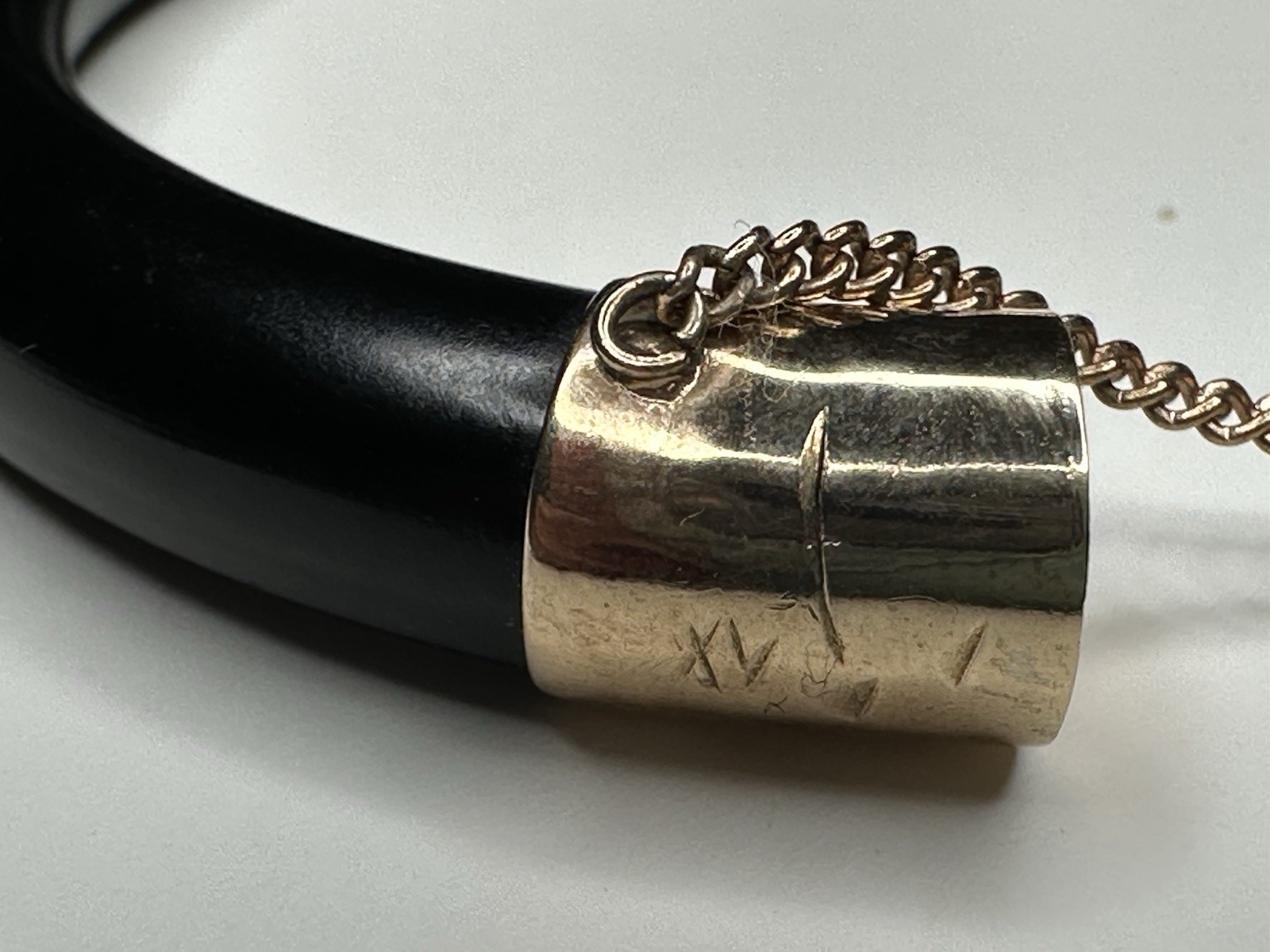 Vintage Black Jade or Onyx Hinged Gold Tone Bangle Bracelet w/ Push Lock /Chain