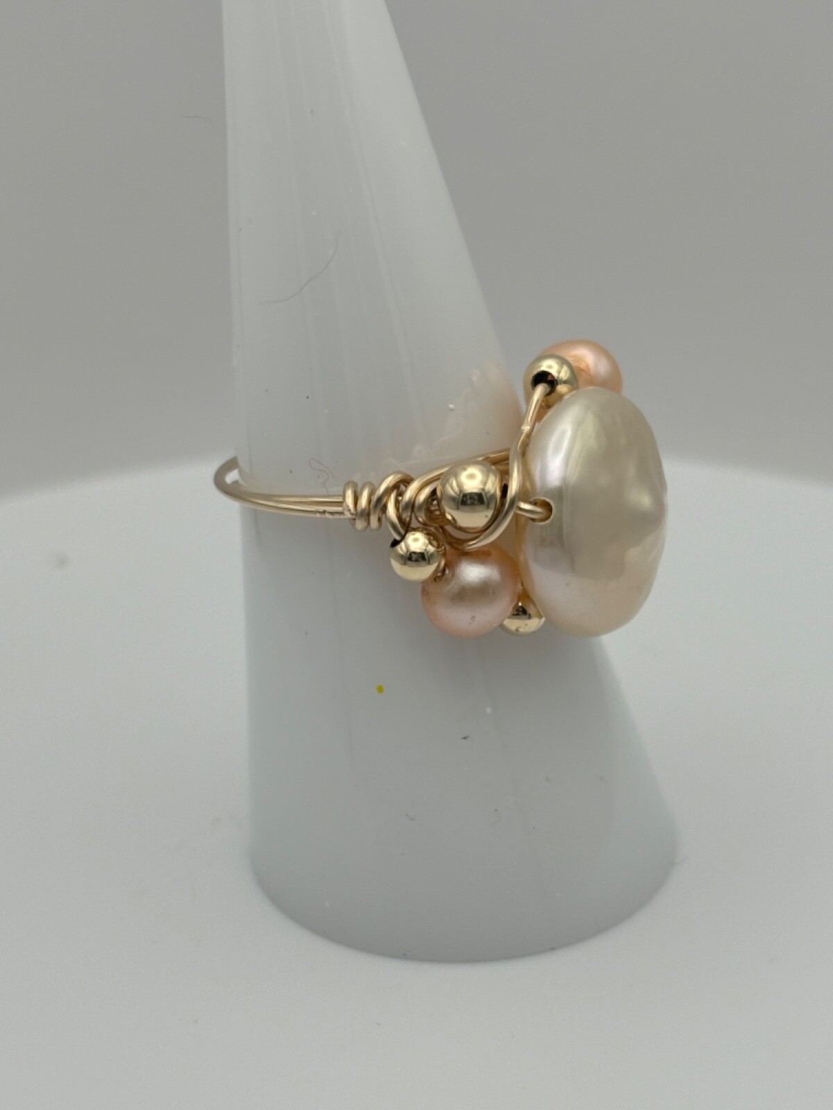 Handmade Freshwater Pink/Gold Coin Pearl Ring in 14k Gold Fill